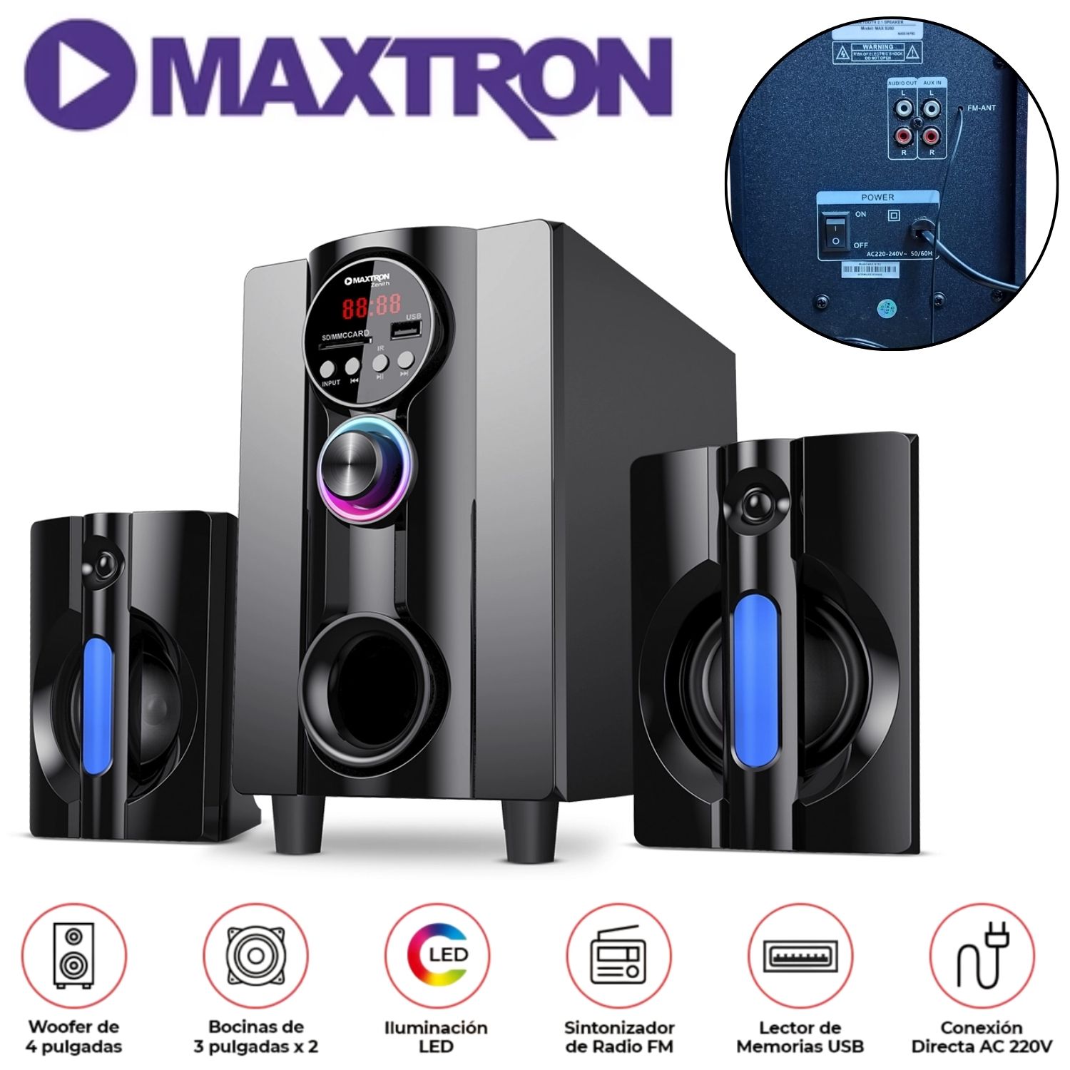 PARLANTE 2,1 MAXTRON MAX S202 ZENITH SUBWOOFER 4' USB BT AUX - 1
