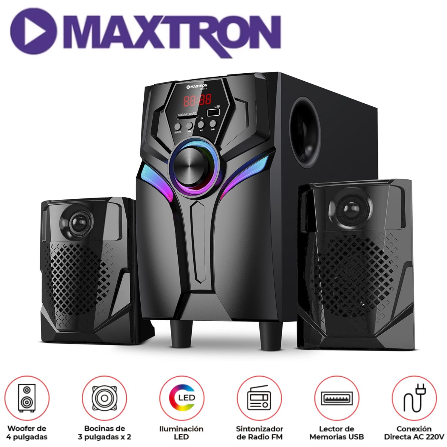 PARLANTE 2,1 MAXTRON MAX S200 HERTZ USB BT AUX ILUMINACIÓN LED - 1