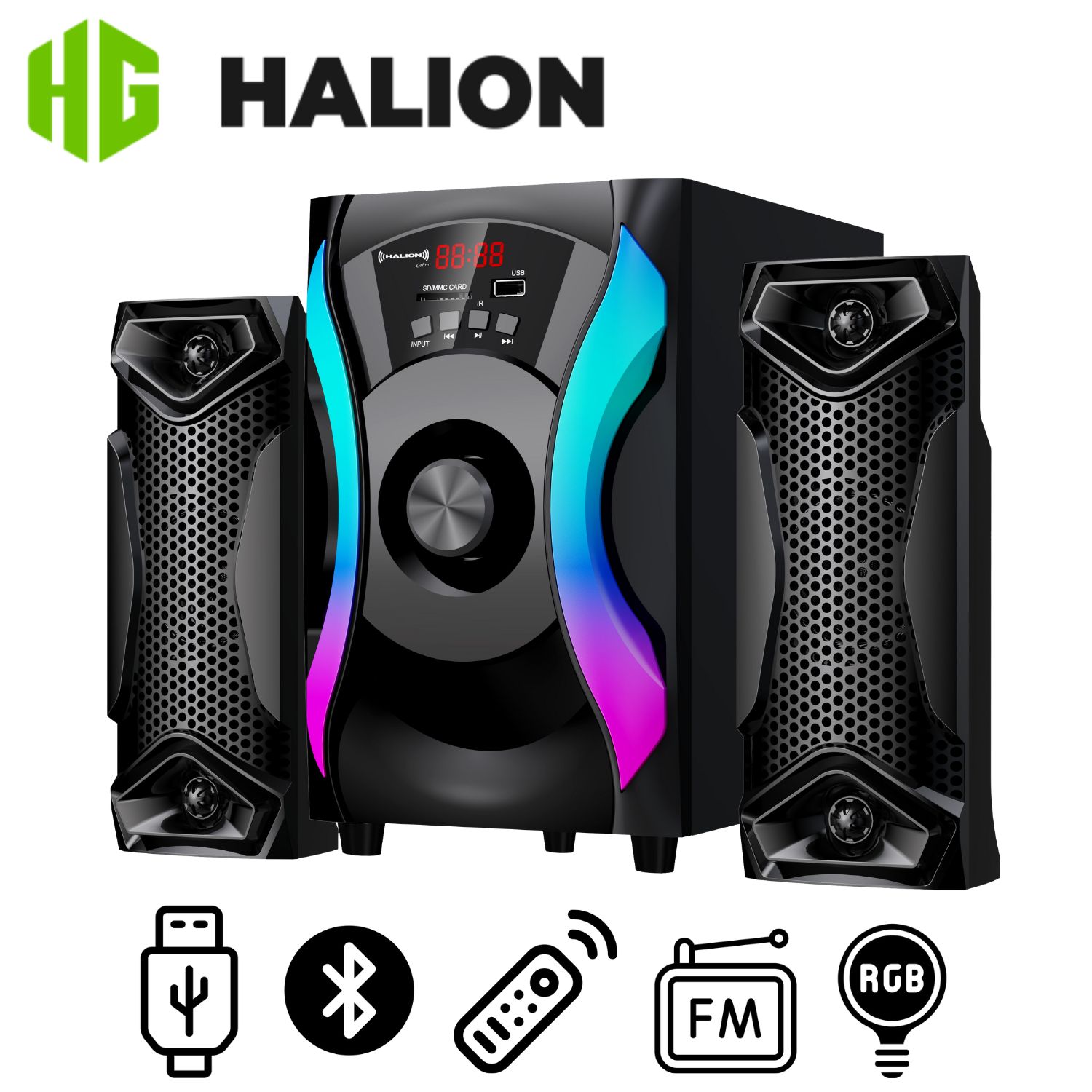 PARLANTE 2,1 HALION COBRA HA F51 USB SD BLUETOOTH ILUMINACIÓN RGB - 1
