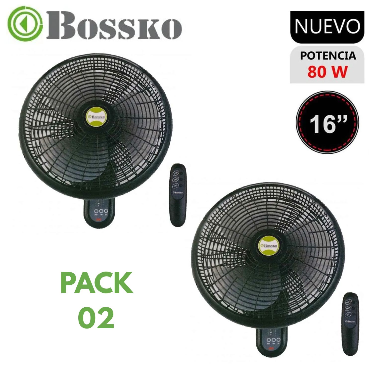 PACK 02 UNIDADES VENTILADOR PARED BOSSKO BK 8210 80 WATTS CON CONTROL NEGRO - 1