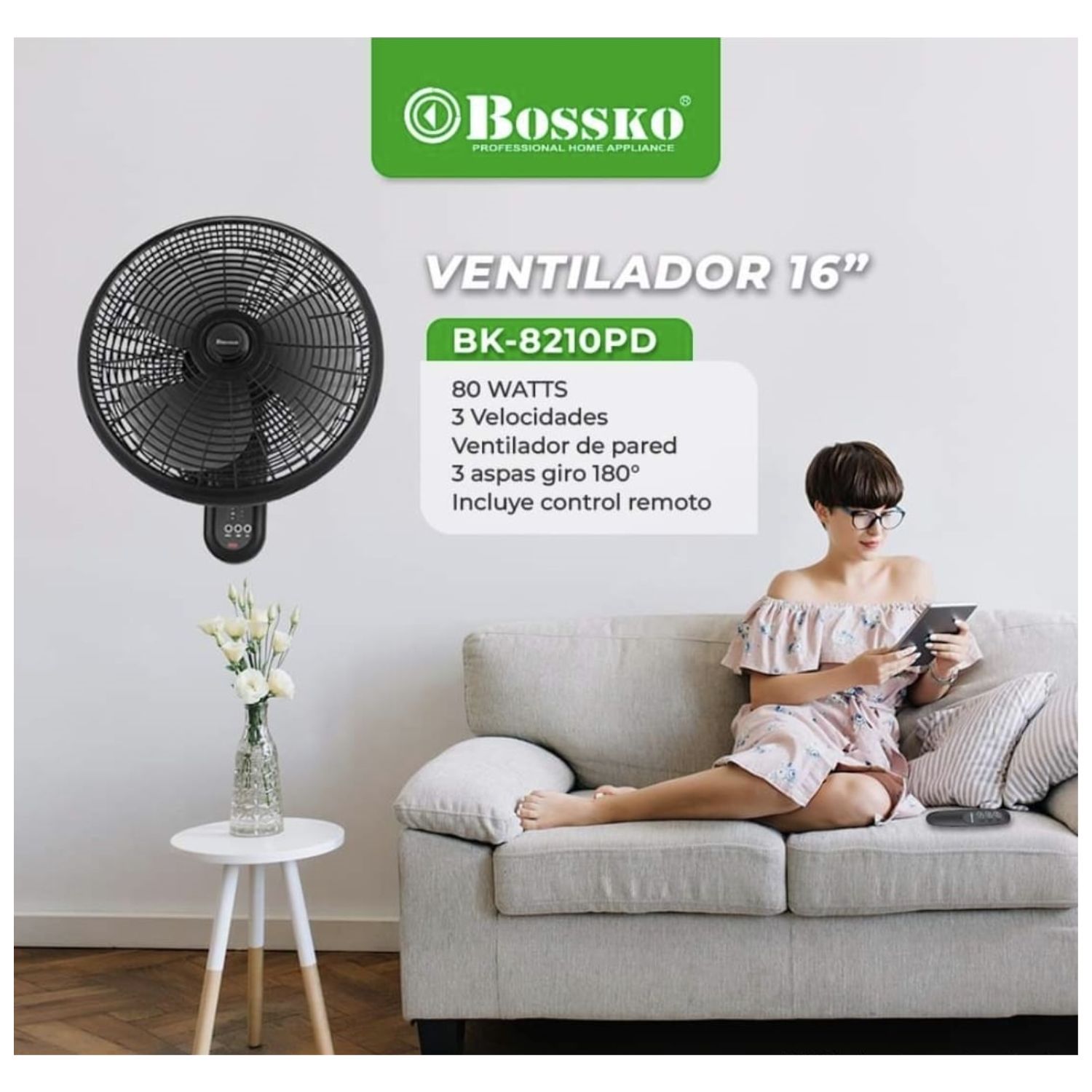 PACK 02 UNIDADES VENTILADOR PARED BOSSKO BK 8210 80 WATTS CON CONTROL NEGRO - 4