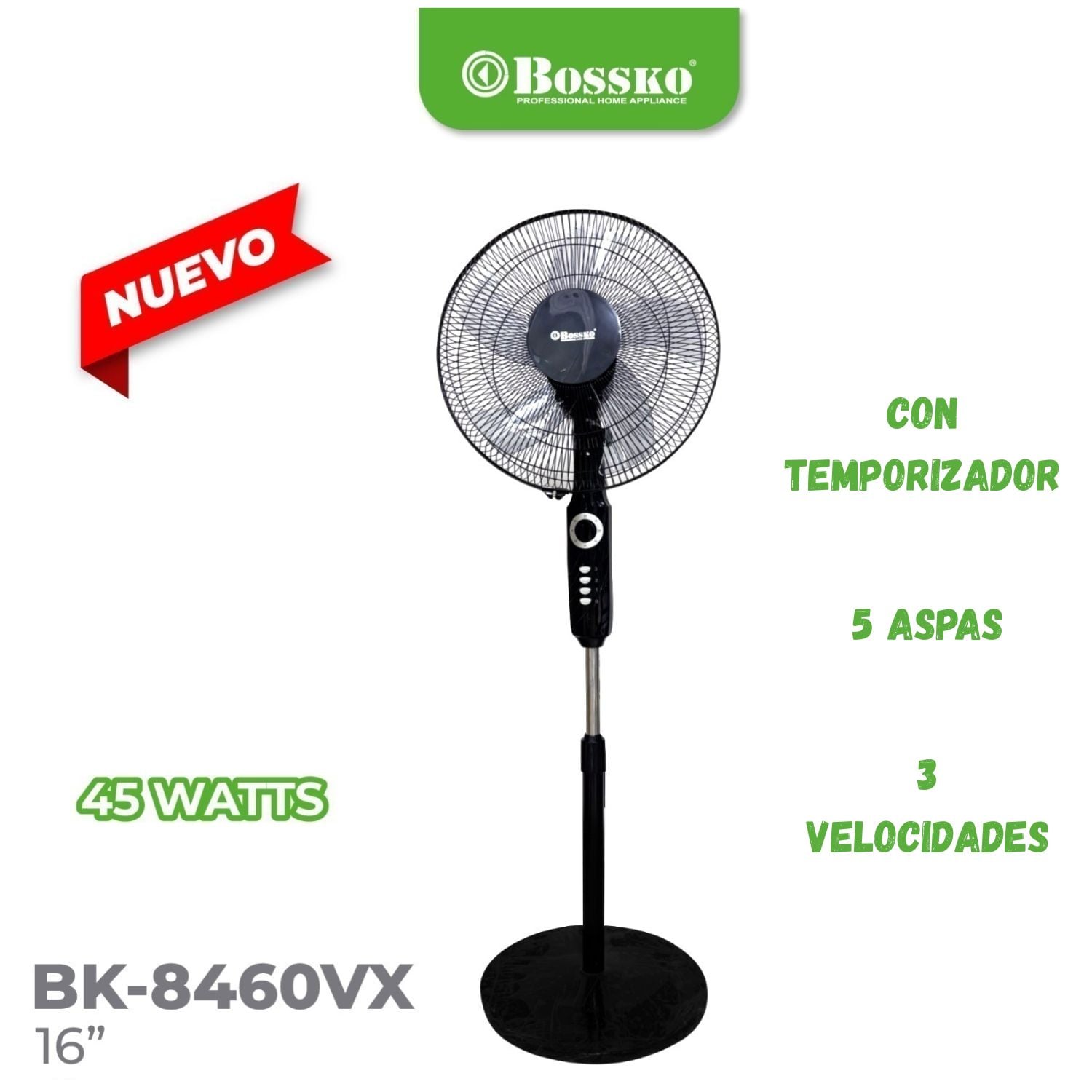 VENTILADOR DE PEDESTAL BOSSKO BK-8460VX DE 16 PULGADAS 3 VELOCIDADES - 1