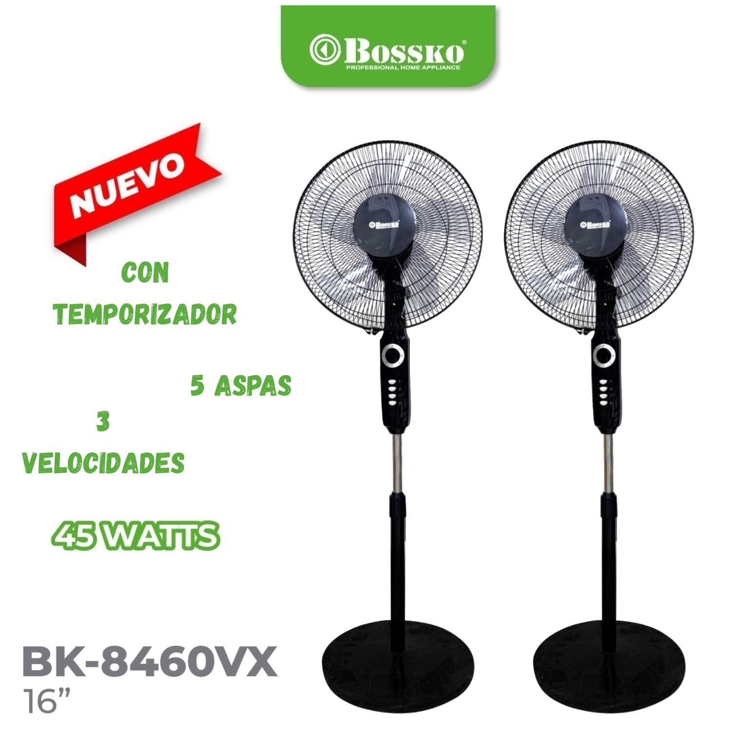 PACK 02 UNIDADES VENTILADOR DE PEDESTAL BOSSKO BK-8460VX DE 16” 3 VELOCIDADES - 1