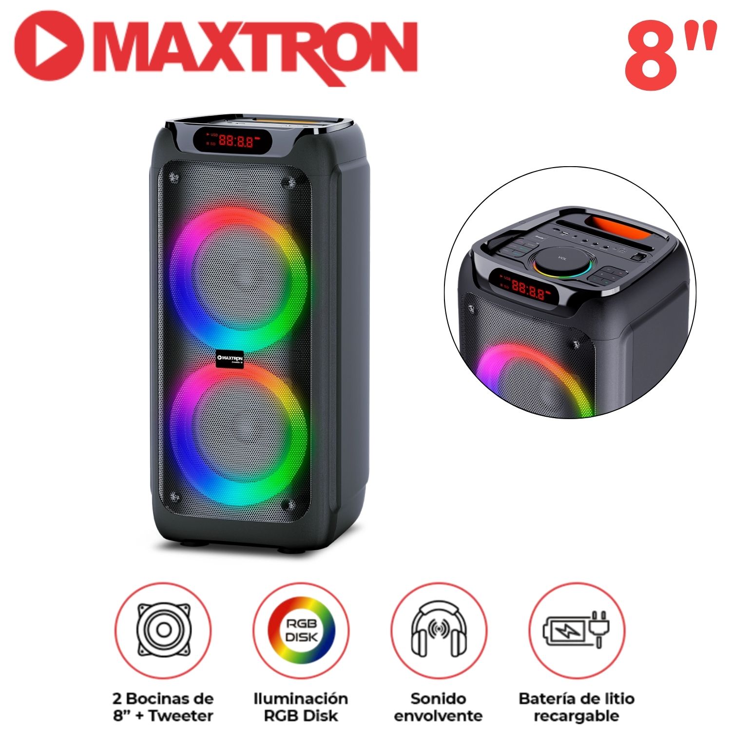 TORRE DE SONIDO MAXTRON MX 800 ZENITH 02 BOCINAS 8 PULGADAS FUNCIÓN DSP LED DISK - 1