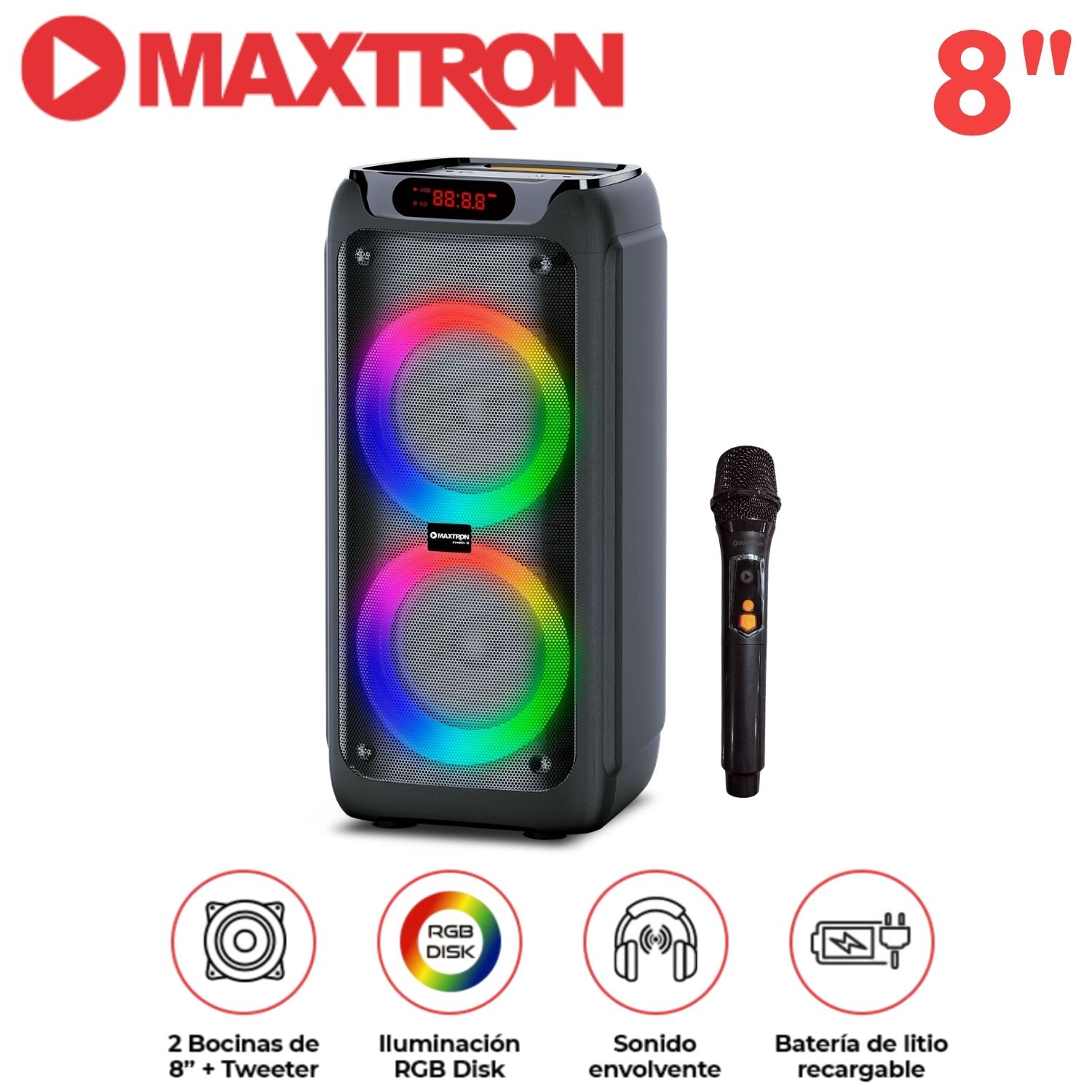 TORRE DE SONIDO MAXTRON MX 800 ZENITH 02 BOCINAS 8 PULGADAS 01 MICRÓFONO LED DISK - 1