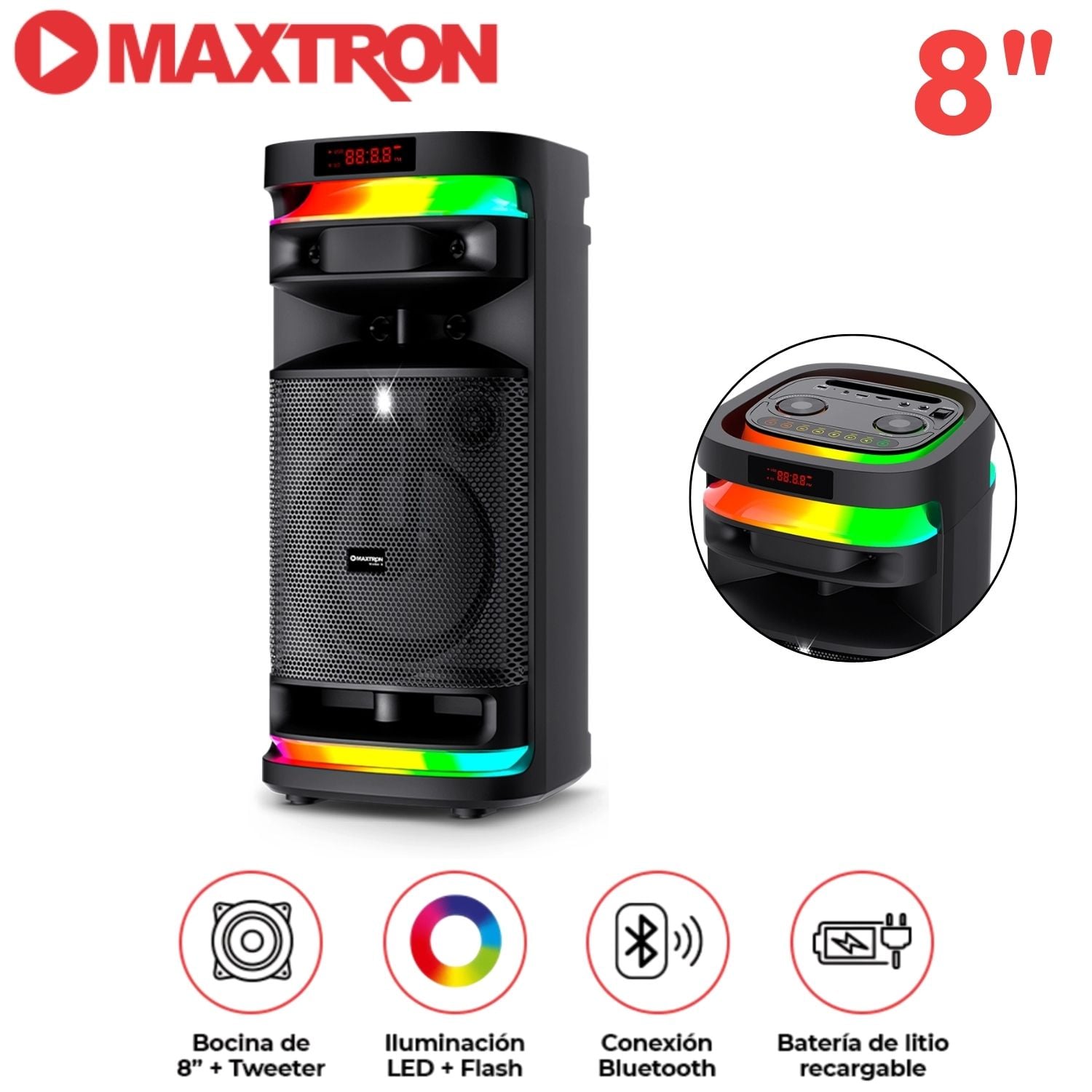 TORRE DE SONIDO MAXTRON MX 821 STELLAR 01 BOCINA 8 PULGADAS 01 MICRÓFONO LED + FLASH - 1