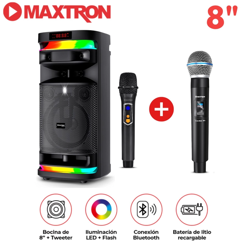 PROMO TORRE DE SONIDO MAXTRON MX 821 STELLAR 01 BOCINA 8 PULGADAS 02 MICRÓFONO LED + FLASH - 1