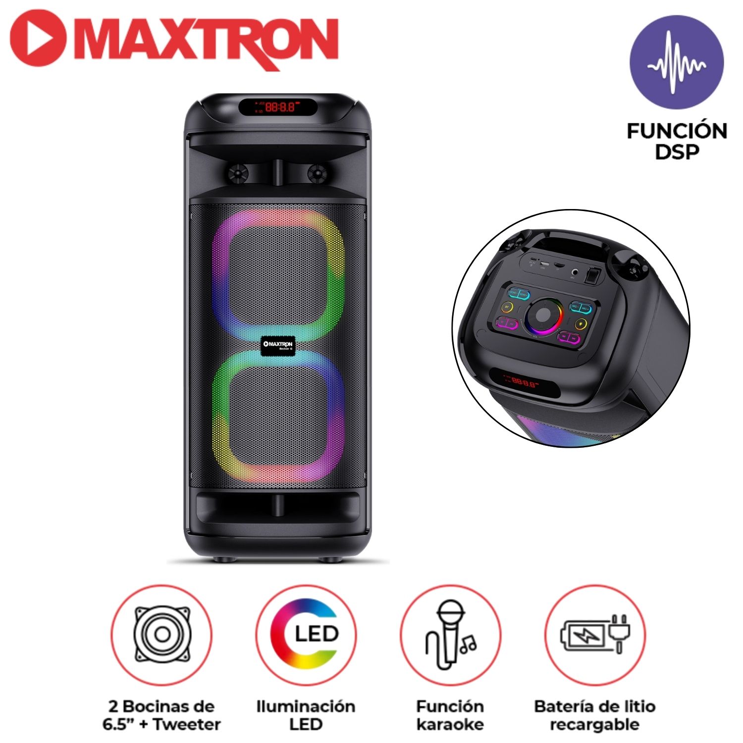 TORRE DE SONIDO MAXTRON MX 601 BECKER 02 BOCINAS 6,5 PULGADAS 01 MICRÓFONO LUCES LED - 1