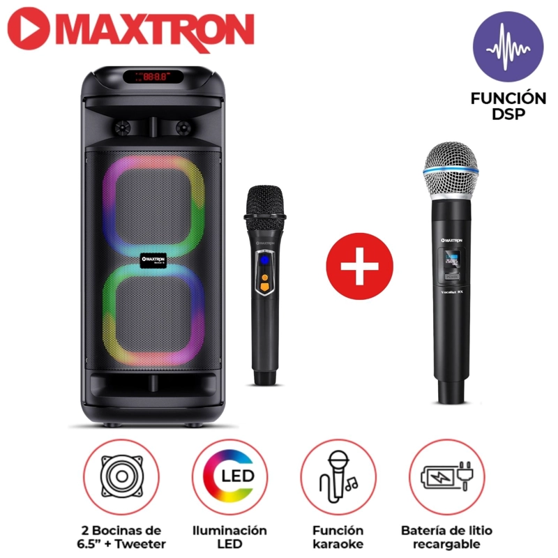 PROMO TORRE DE SONIDO MAXTRON MX 601 BECKER 02 BOCINAS 6,5 PULGADAS 02 MICRÓFONO LUCES LED - 1