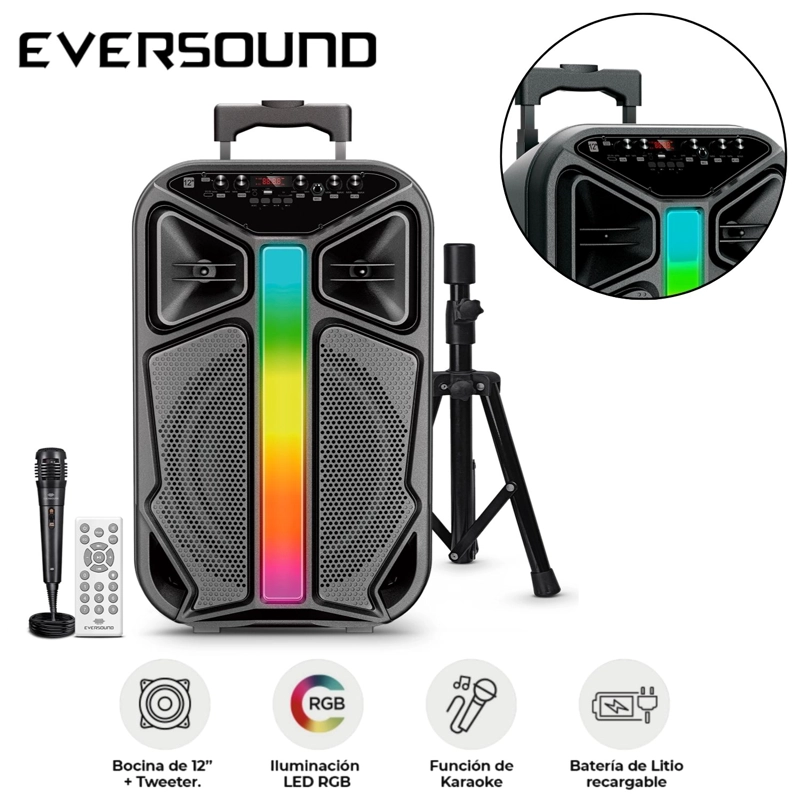 COMBO PARLANTE + TRIPODE EVERSOUND LYRICO EV 6000T WOOFER DE 12' LED RGB - 1