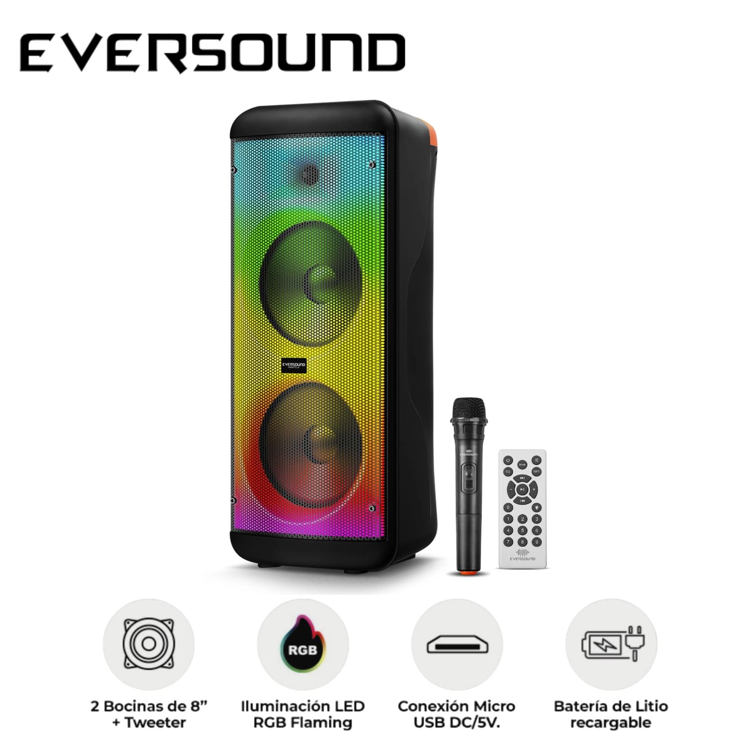 TORRE DE SONIDO EVERSOUND VIBRATTO EV 5008WL 02 BOCINAS 8' USB BT SD LED RGB FLAMING - 1