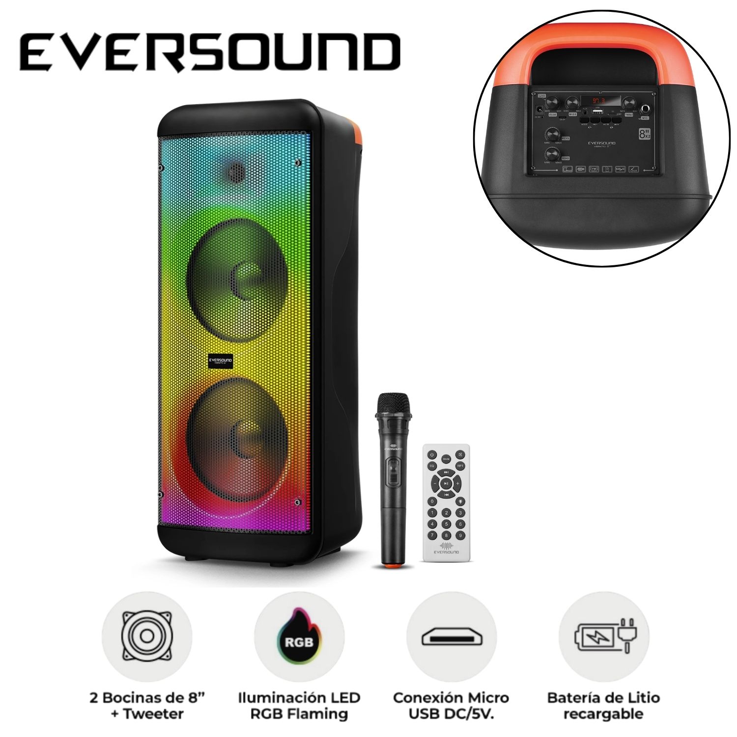 TORRE DE SONIDO EVERSOUND VIBRATTO EV 5008WL 02 BOCINAS 8' CON MICRÓFONO - 1