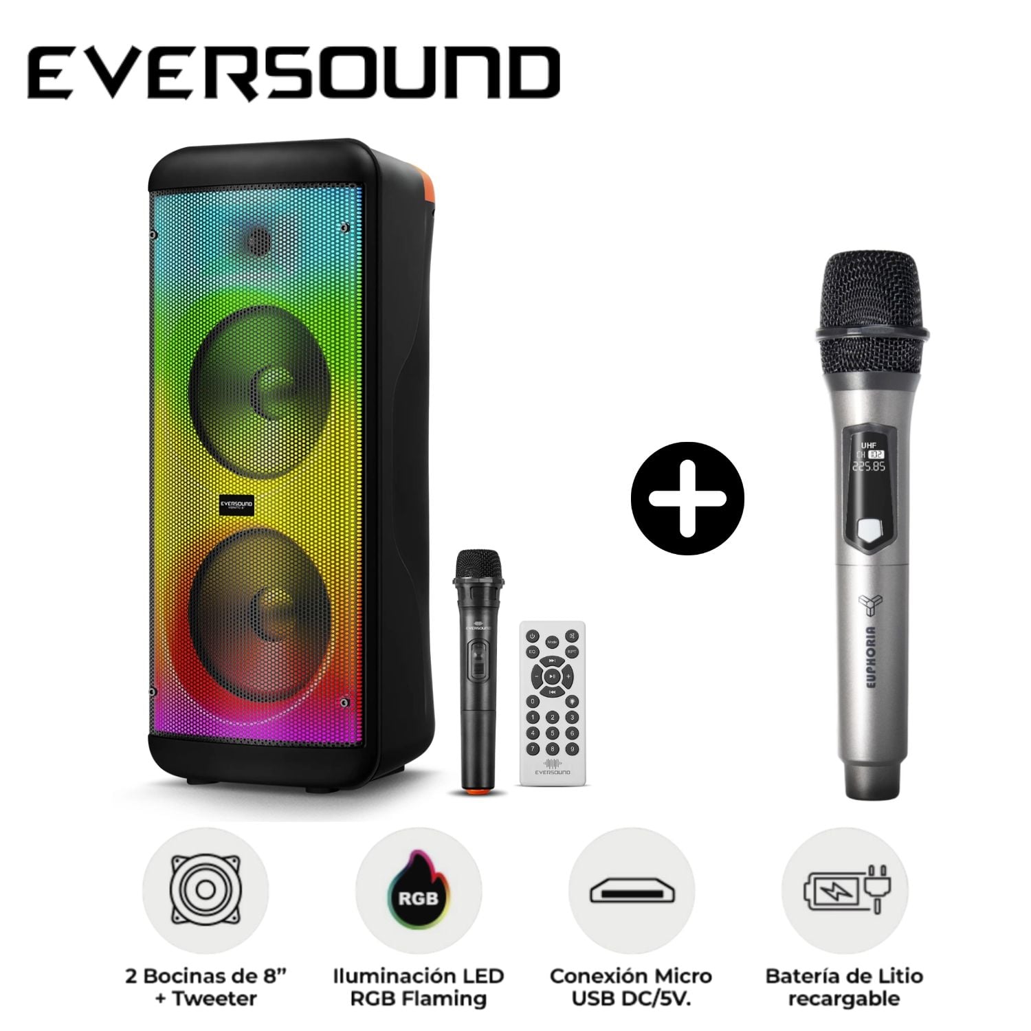 TORRE DE SONIDO EVERSOUND EV 5008WL 02 BOCINAS 8' + MICRÓFONO INALÁMBRICO EUPHORIA - 1