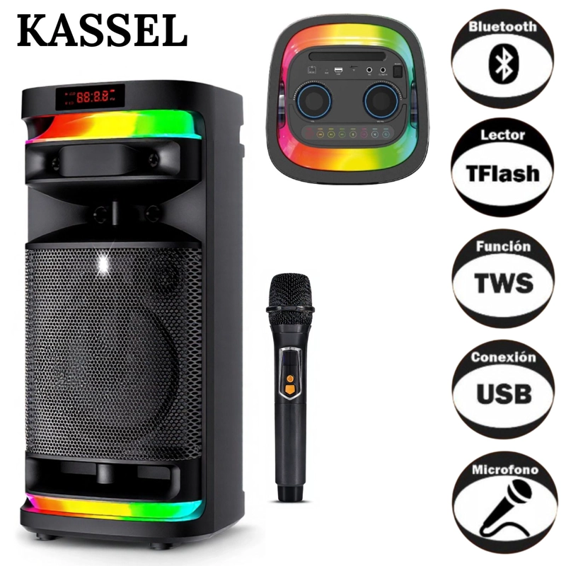 PARLANTE KASSEL K828 BOOFER 8 PULGADAS LUCES RBG 01 MICRÓFONO - 1