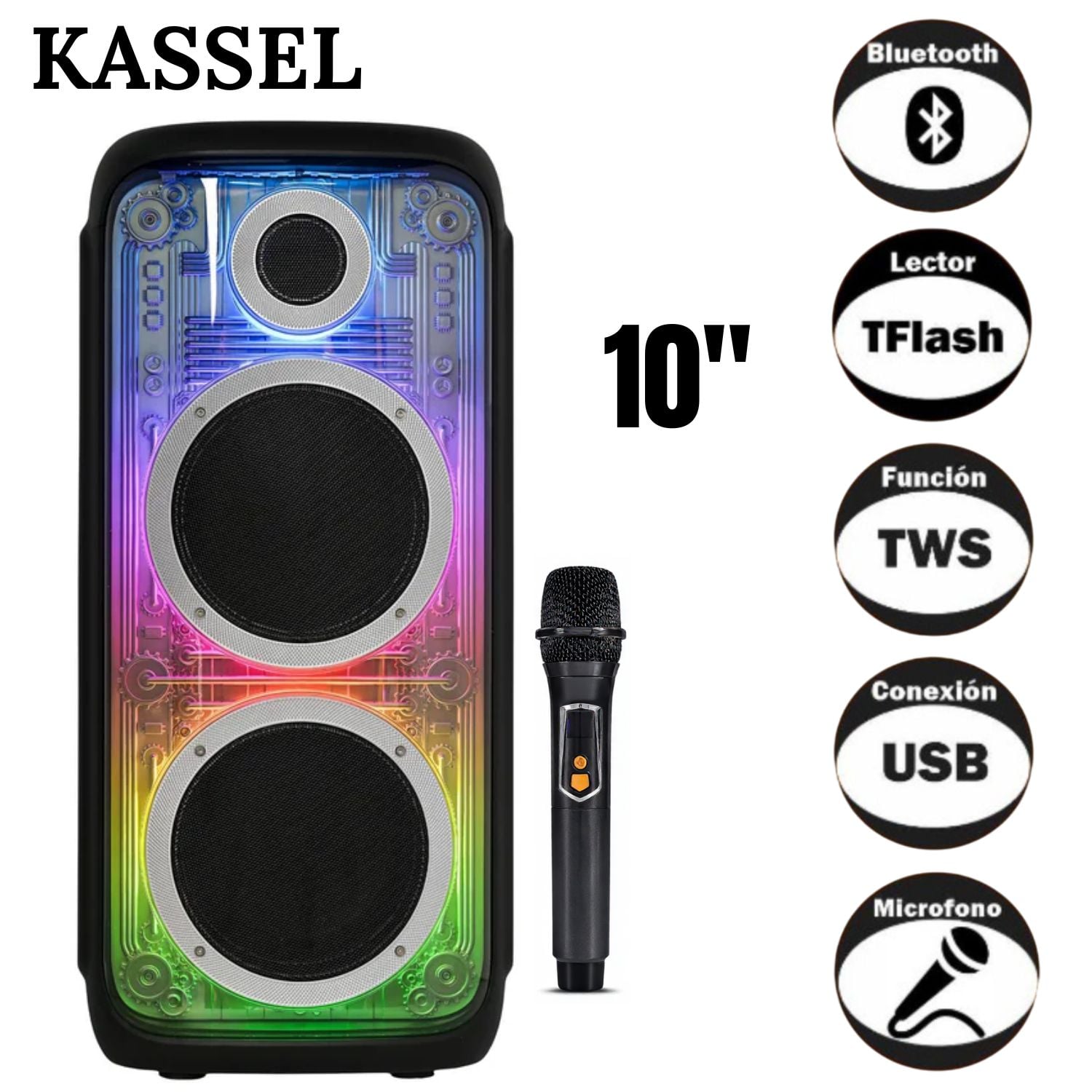 PARLANTE TORRE PORTÁTIL KASSEL K2103 02 BOUFER DE 10 PULGADAS LUCES RGB - 1