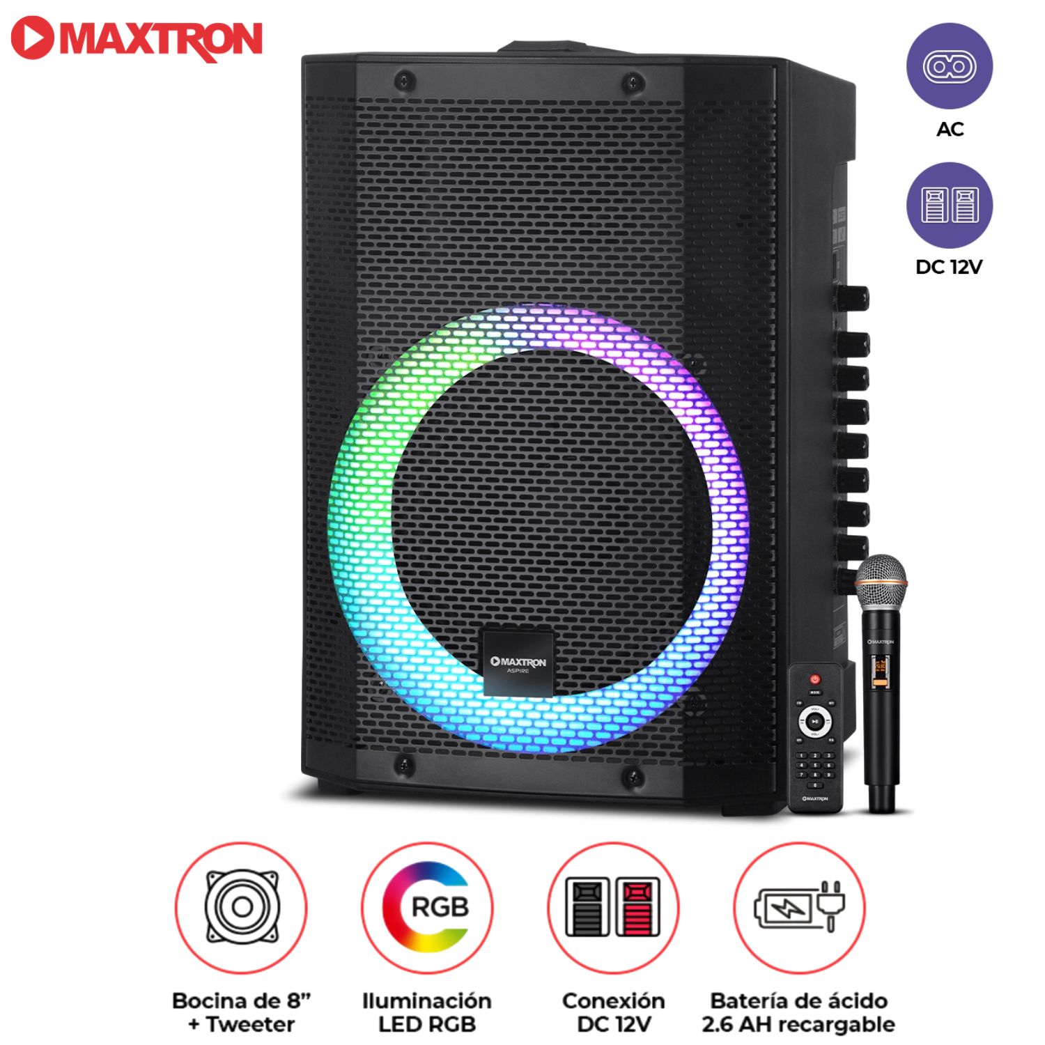PARLANTE PORTÁTIL ASPIRE MX 300 BOCINA DE 8 PULGADAS USB BT LUCES LED RGB - 1