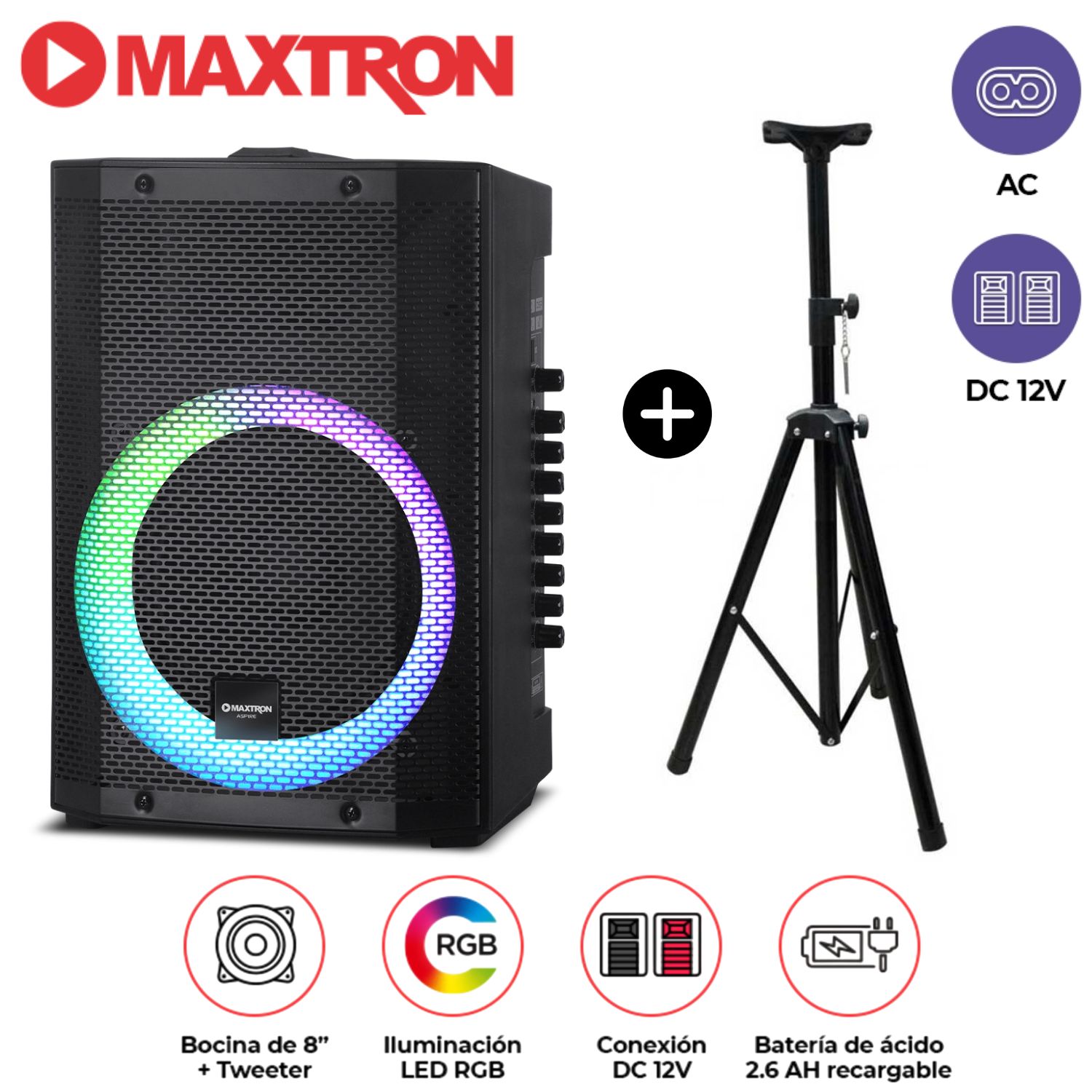 PROMO PARLANTE PORTÁTIL MAXTRON MX 300 USB, BT, MICRÓFONO + SOPORTE - 1