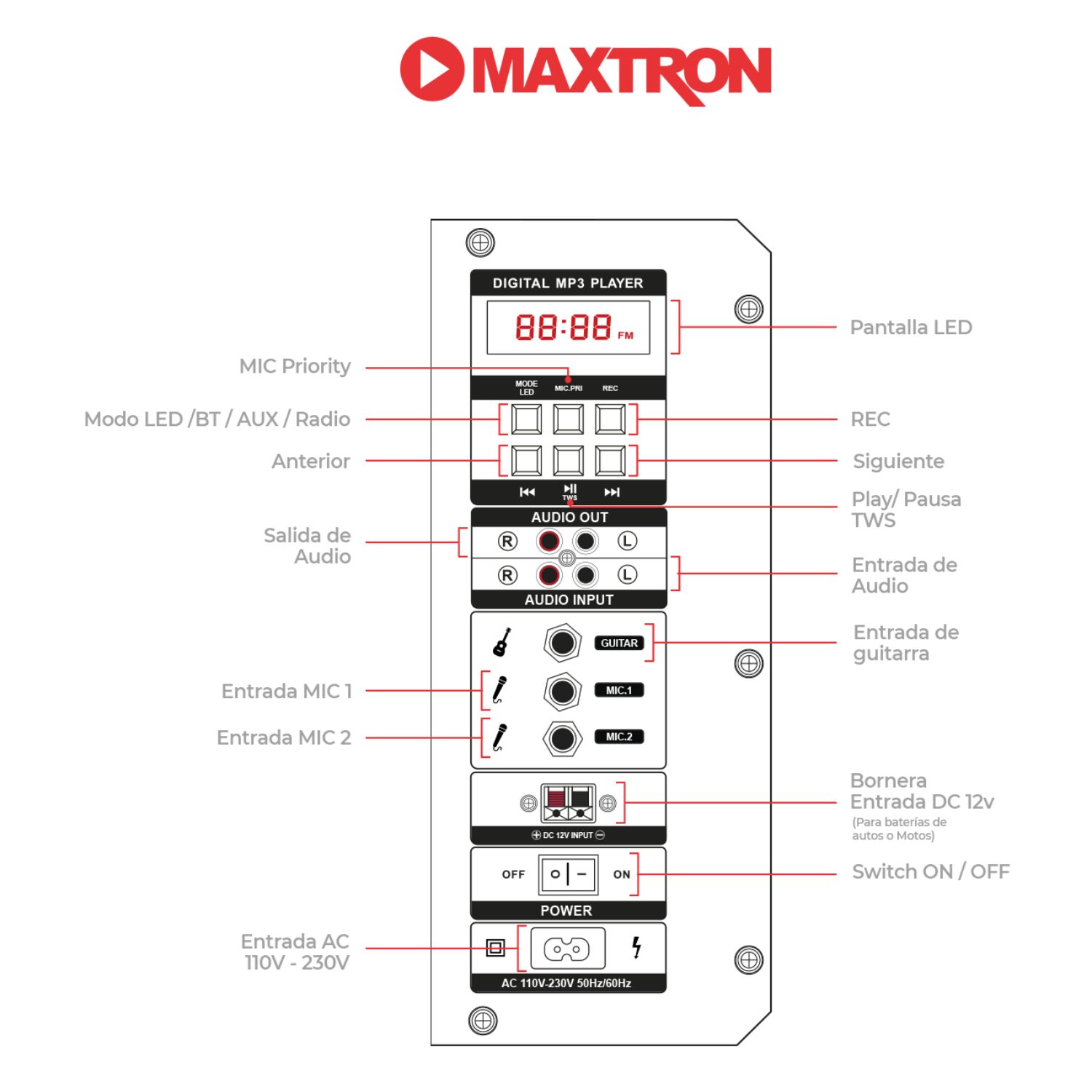 PROMO PARLANTE PORTÁTIL MAXTRON MX 300 USB, BT, MICRÓFONO + SOPORTE - 4