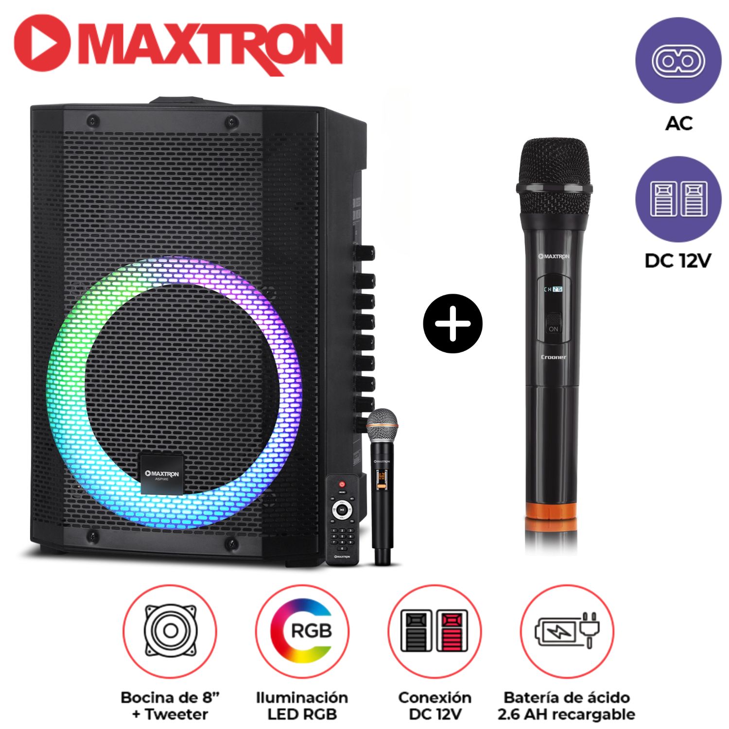 PROMO PARLANTE PORTÁTIL MAXTRON MX 300 USB, BT CON 02 MICRÓFONOS LUCES LED RGB - 1