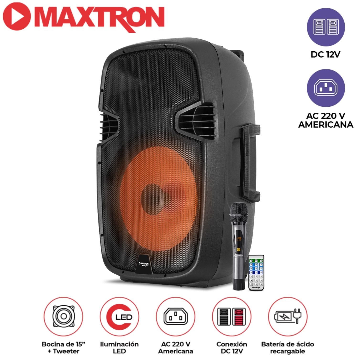PARLANTE MAXTRON MX1550V MERKURY ULTRA CON BOUFER DE 15 PULG, USB BT TWS 02 MICRÓFONOS - 1