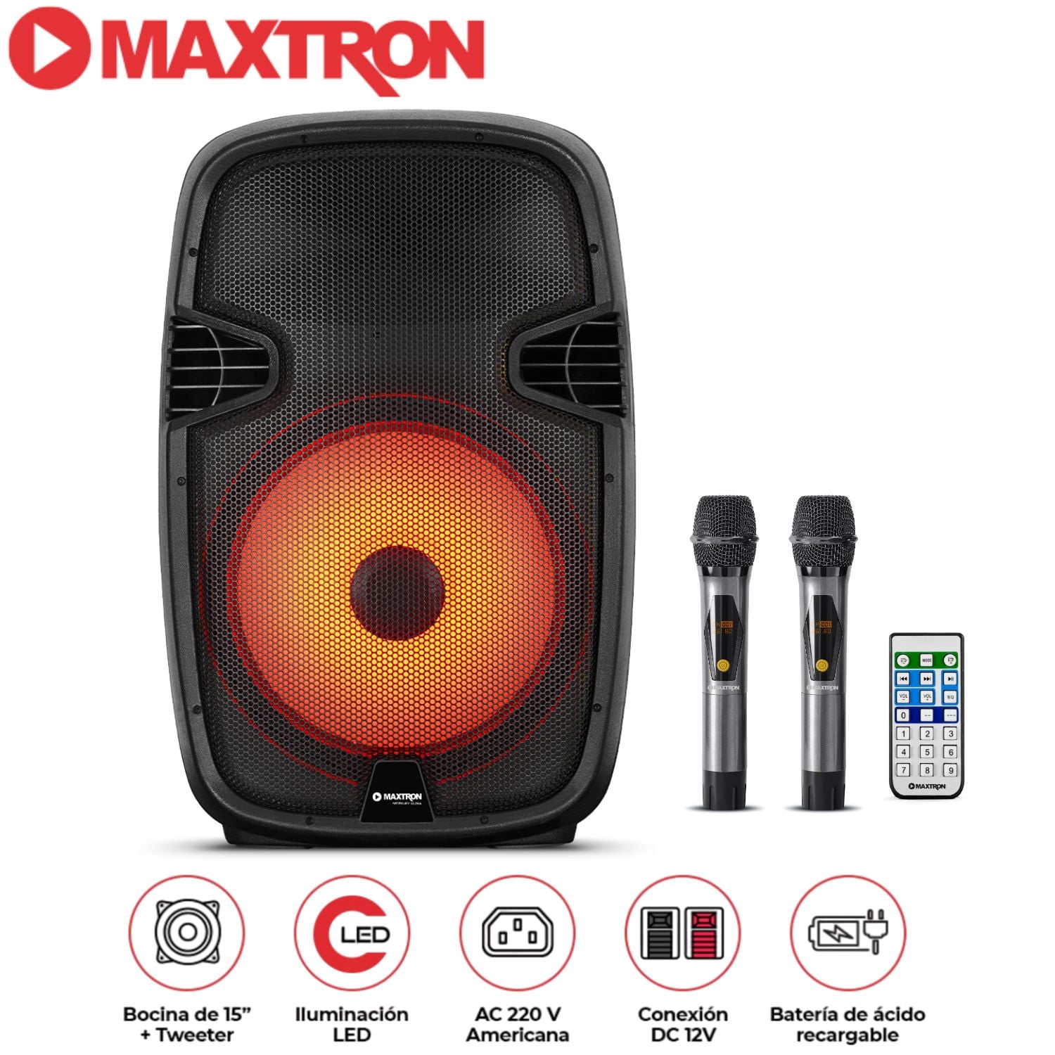 PARLANTE MAXTRON MX1550V MERKURY ULTRA 15' USB BT TWS ENTRADA AC 220V 2 MICRÓFONOS INALÁMBRICOS - 1