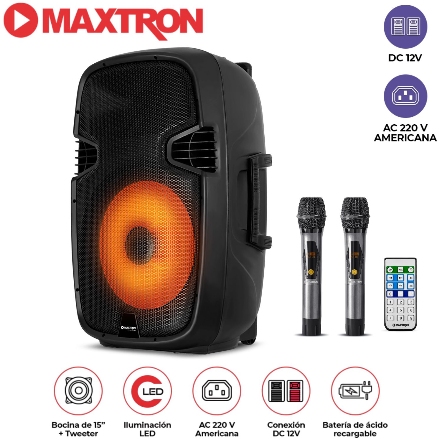 PARLANTE PORTÁTIL MAXTRON MX1550V FULL FIESTA 15' USB BT TWS  2 MICRÓFONOS INALÁMBRICOS - 1