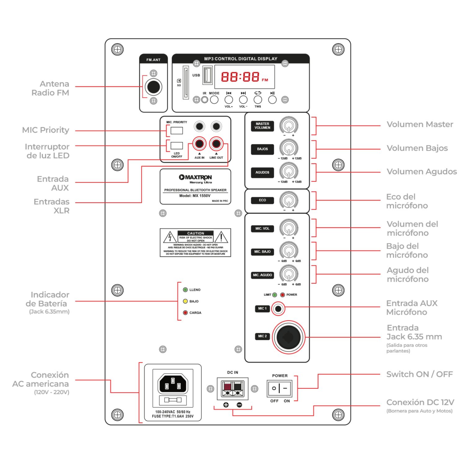 PARLANTE PORTÁTIL MAXTRON MX1550V FULL FIESTA 15' USB BT TWS  2 MICRÓFONOS INALÁMBRICOS - 4
