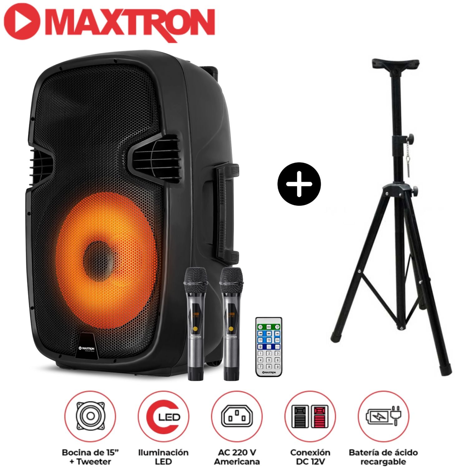 PARLANTE PORTÁTIL MAXTRON MX1550V FULL FIESTA 15' 2 MICRÓFONOS INALÁMBRICOS + SOPORTE - 1