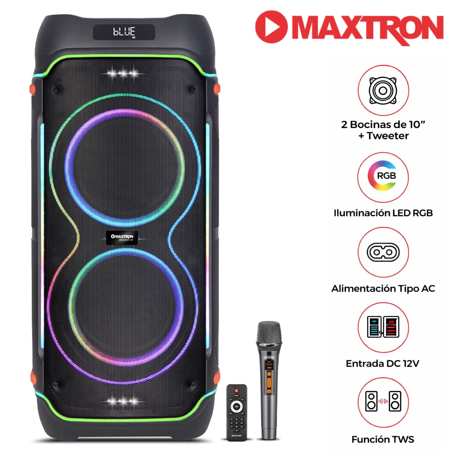 TORRE DE SONIDO MAXTRON MX 1034 ZINGANY XT BT USB TWS LUCES RGB - 1