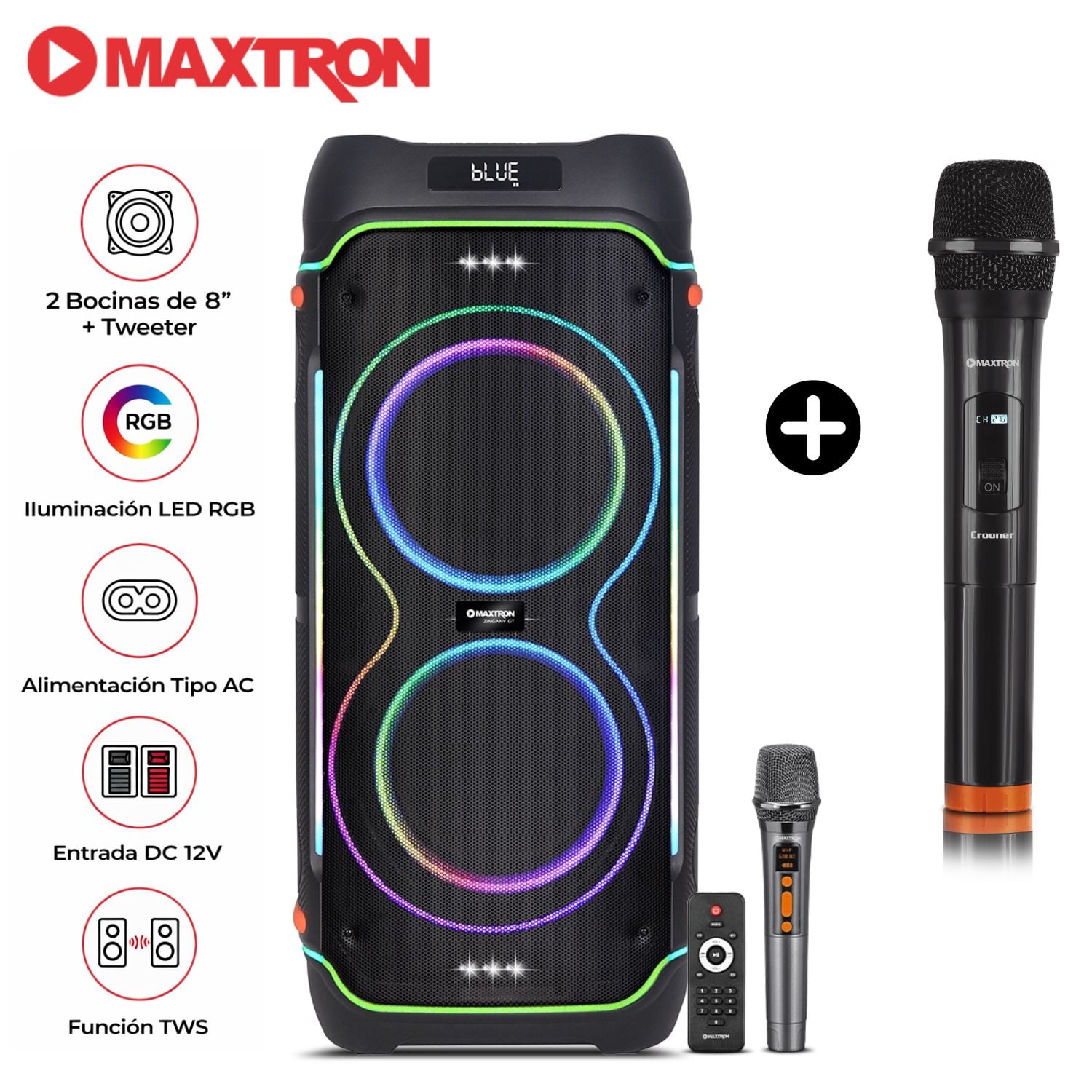 PROMO TORRE DE SONIDO MAXTRON MX 834 ZINGANY USB BT TWS 02 MICRÓFONOS - 1