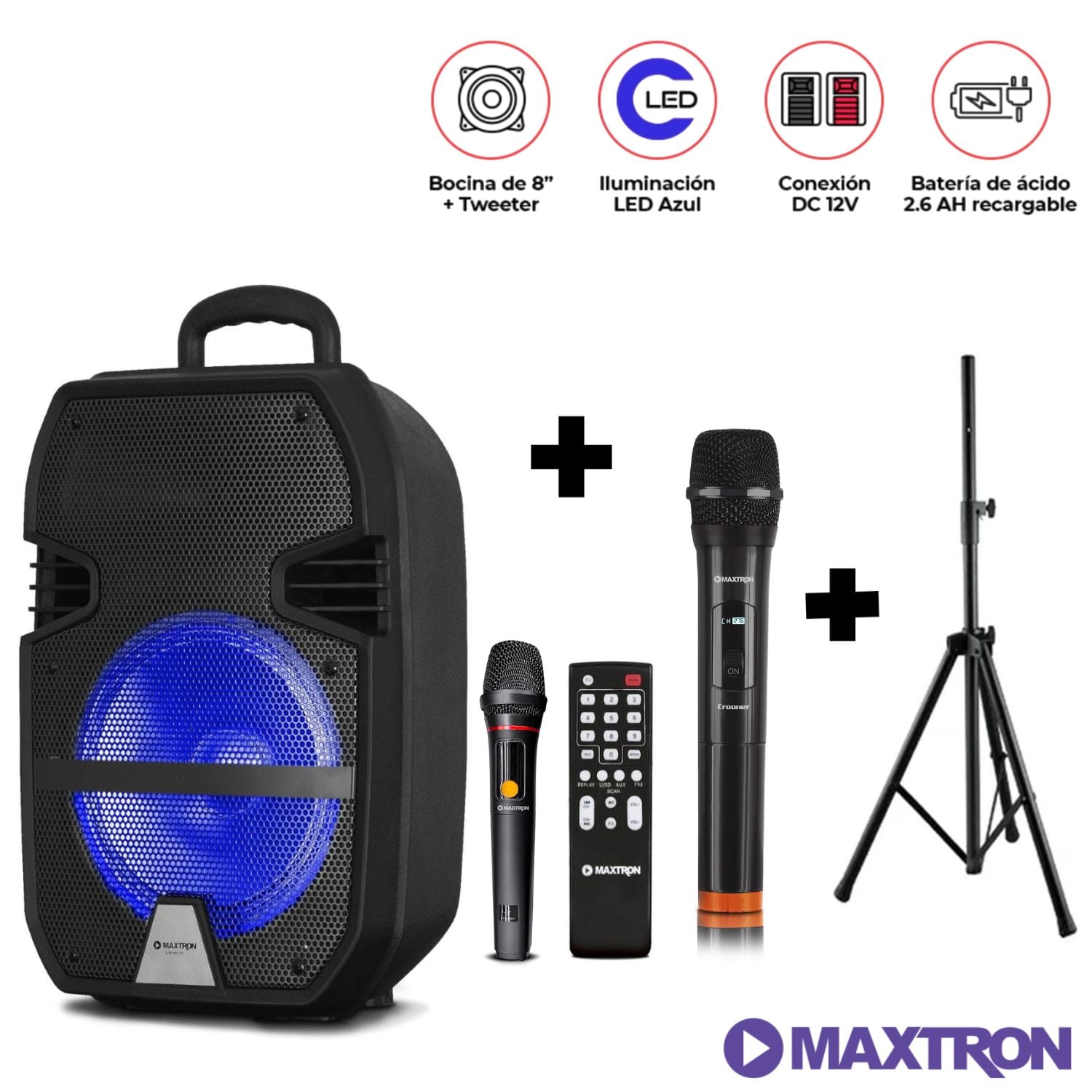 PARLANTE MAXTRON LIBIDUM MX321VB CON 2 MICRÓFONOS + SOPORTE - 1