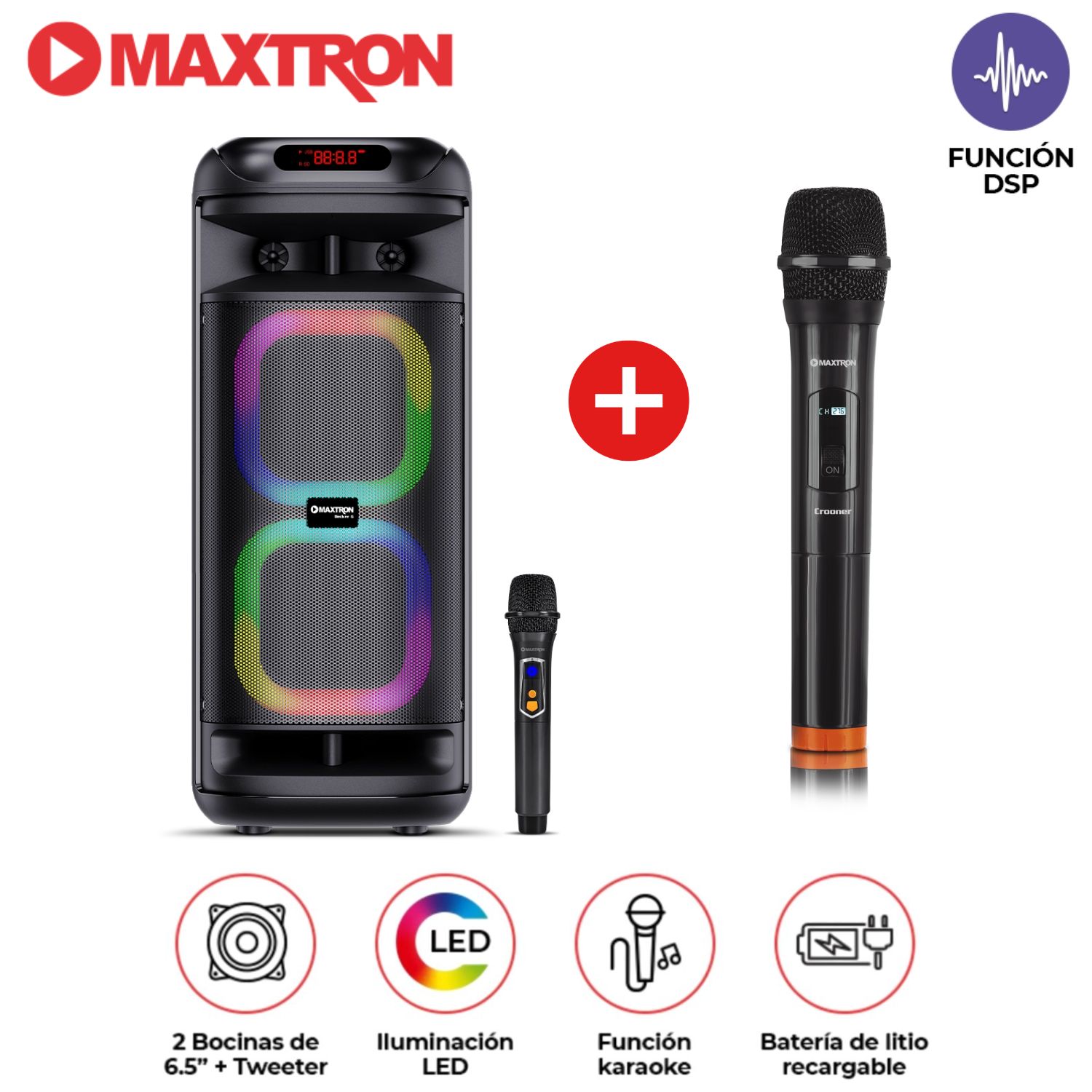 PROMO TORRE DE SONIDO MAXTRON MX 601 BECKER 02 BOCINAS 6,5 PULGADAS 02 MICRÓFONOS LUCES LED - 1