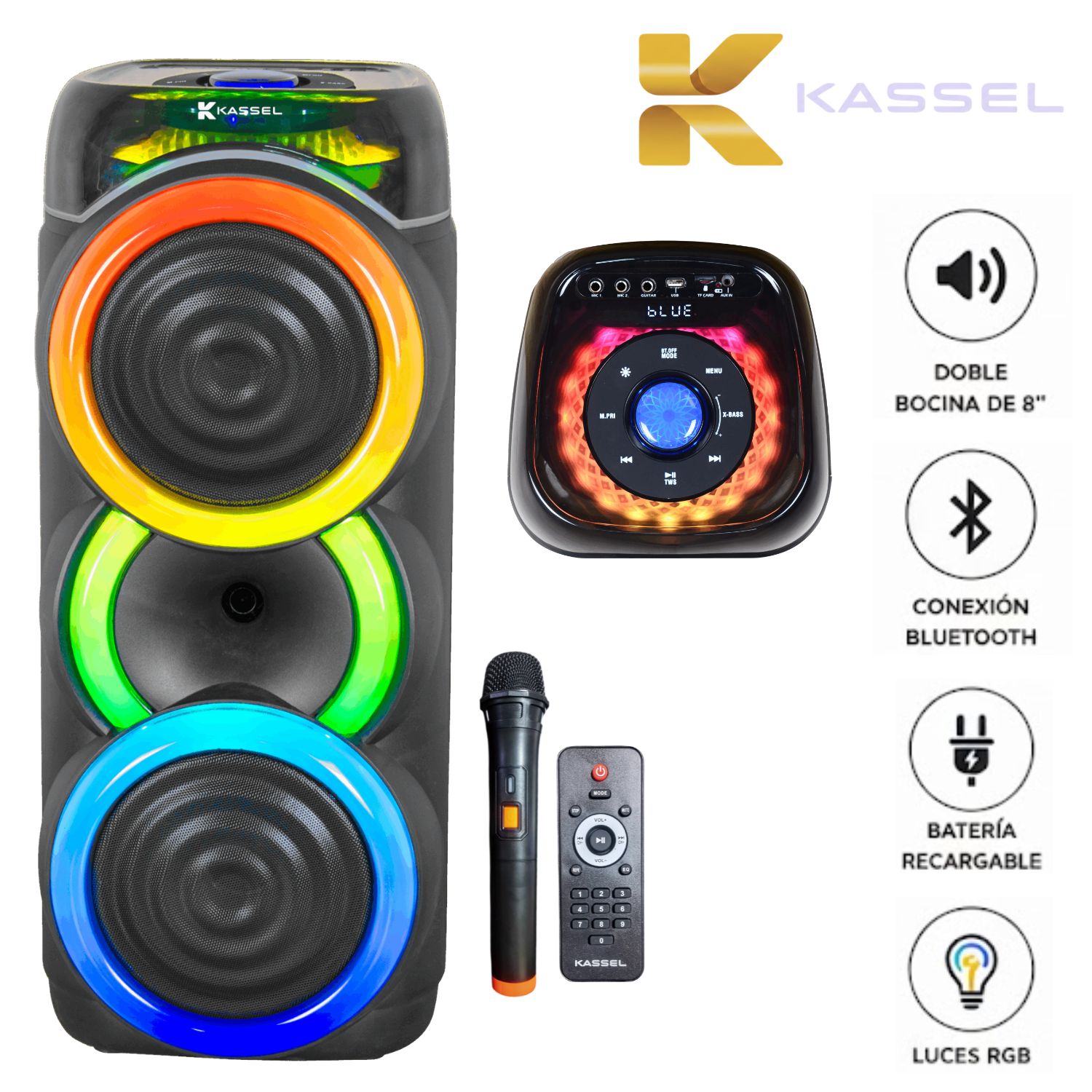 TORRE DE SONIDO KASSEL K2822 CON 02 BOCINAS DE 8 PULG, KARAOKE LUCES LED RGB - 1