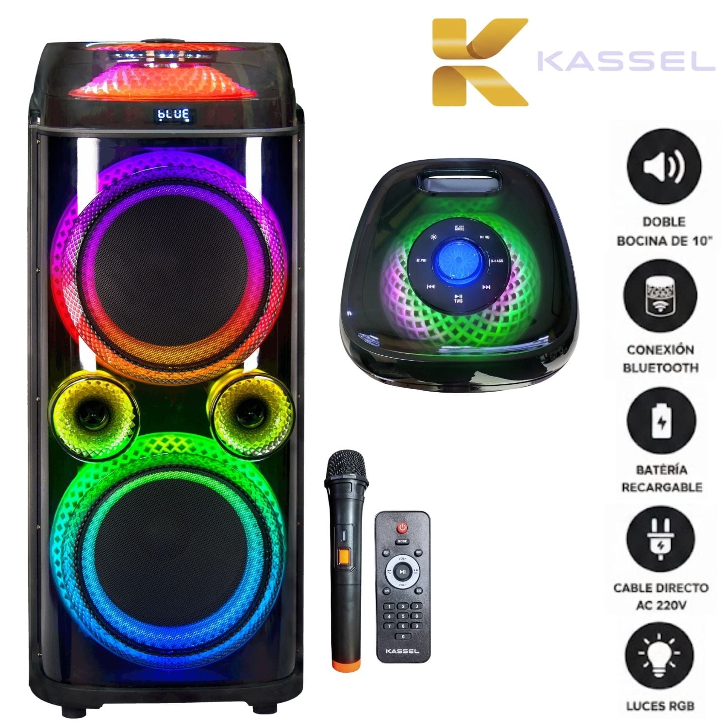 TORRE DE SONIDO KASSEL K2102 CON 02 BOCINAS DE 10 PULG, KARAOKE LUCES LED RGB - 1