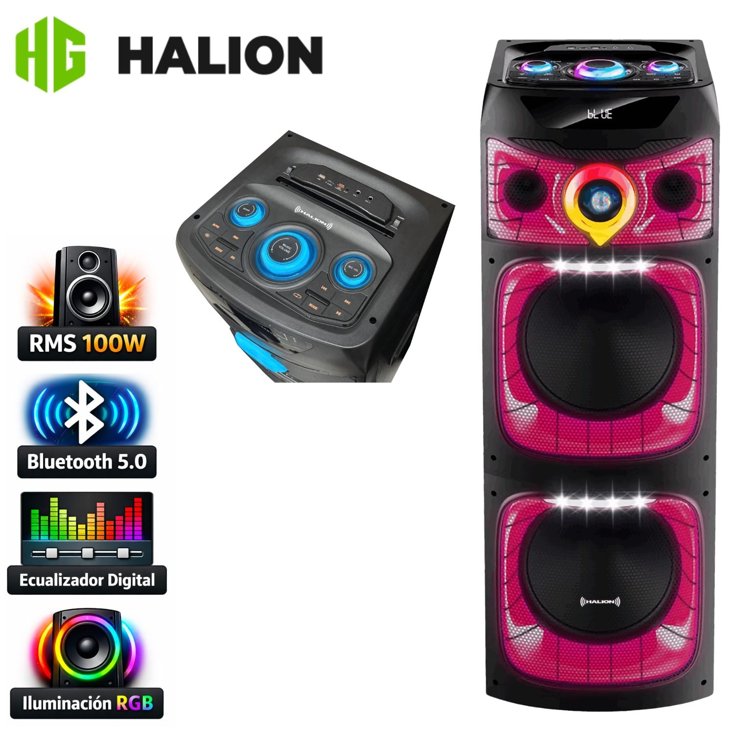 TORRE DE SONIDO HALION HA 1244 CON 02 BOCINAS DE 12 PULG, KARAOKE LUCES RGB - 1