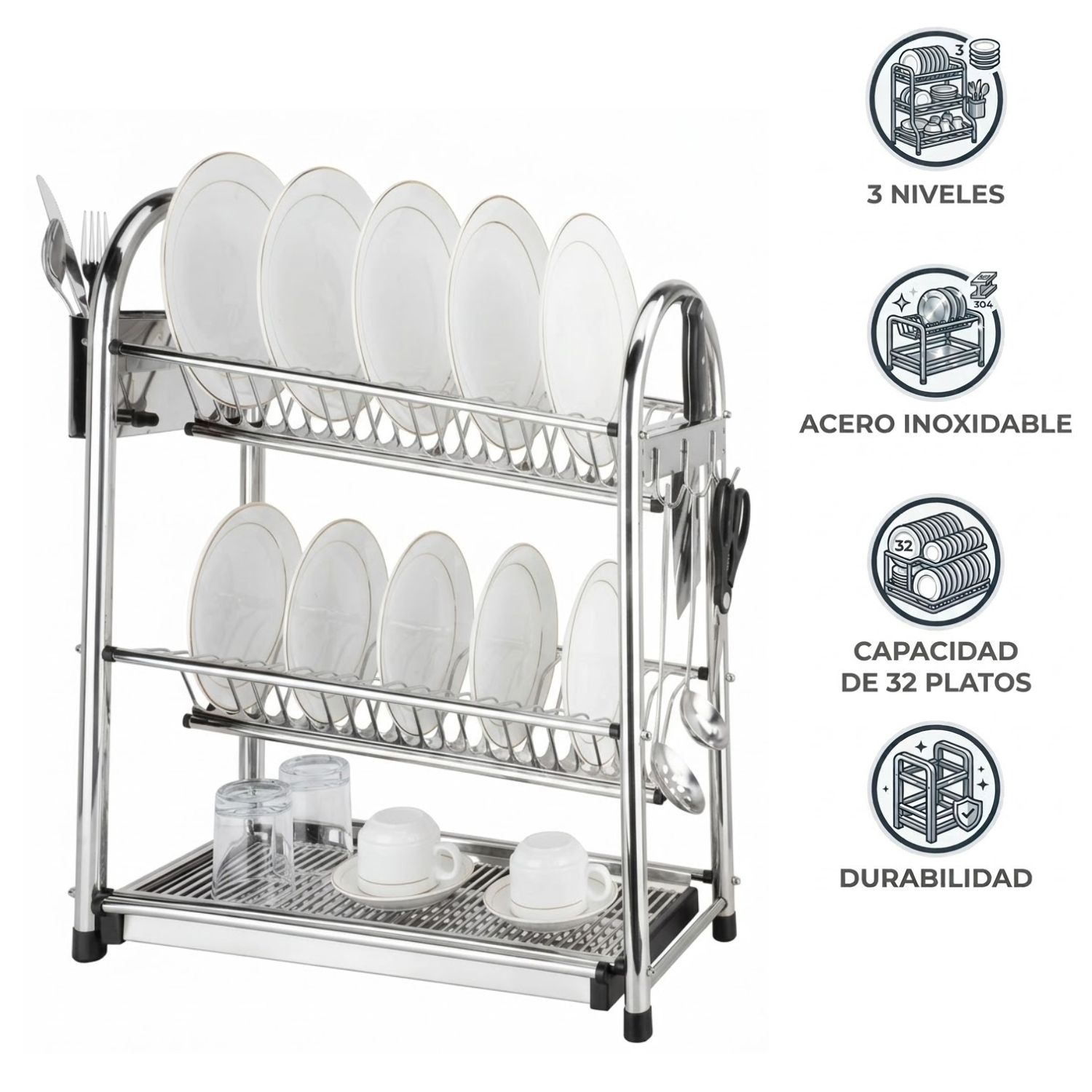 ESCURRIDOR DE PLATOS 03 NIVELES PARA 32 PLATOS ACERO INOXI, 52 X 25 X 63 CM - 1