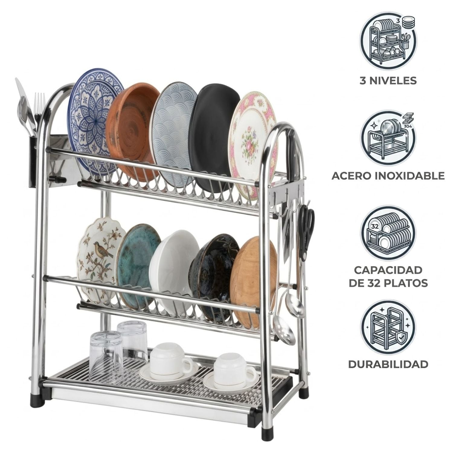 ESCURRIDOR DE PLATOS PARA 32 PLATOS ACERO INOXI, 52 X 25 X 63 CM - 1