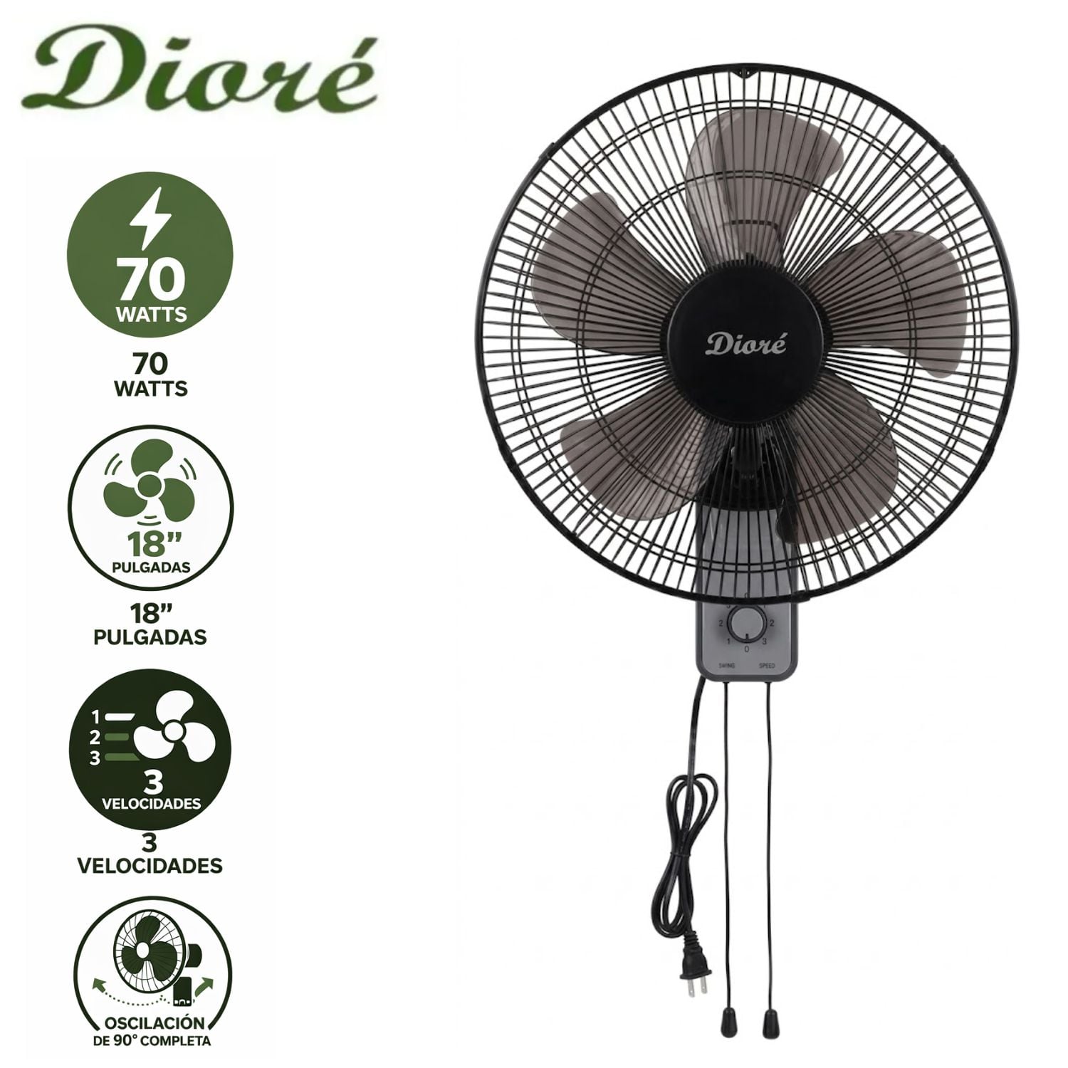 VENTILADOR DE PARED DIORÉ MWF 1805 UNIDAD 3 VELOCIDADES 5 ASPAS 70 W NEGRO/GRIS - 1