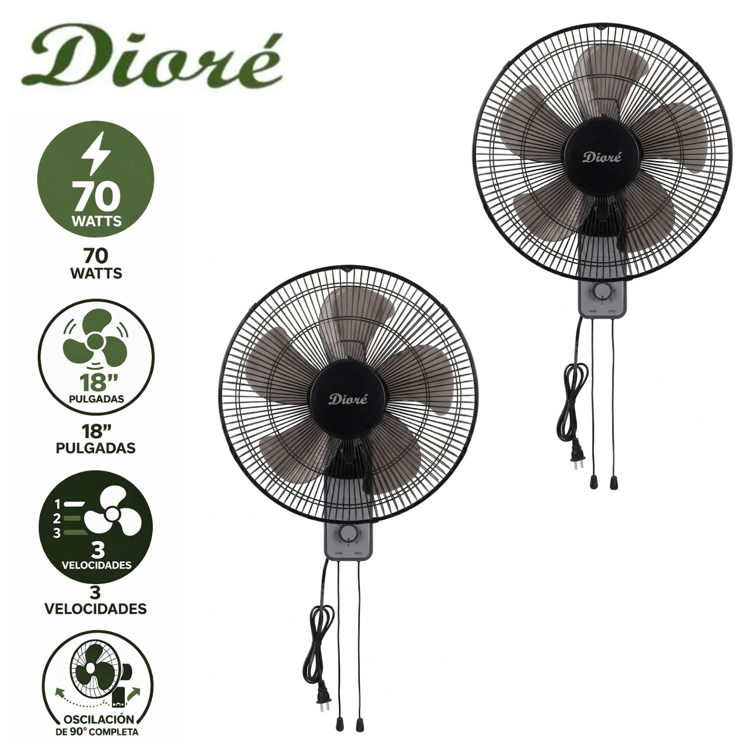 PACK 02 VENTILADOR DE PARED DIORÉ MWF 1805 3 VELOCIDADES 5 ASPAS 70 W NEGRO/GRIS - 1