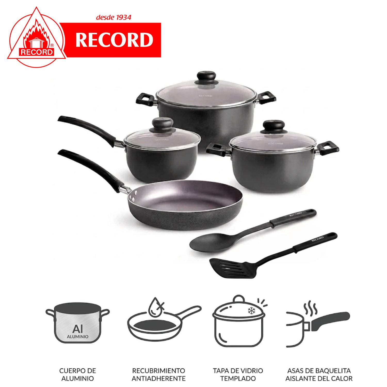JUEGO DE OLLAS RECORD RE9290093750 9PZS ANTIADHERENTE NEGRO - 1