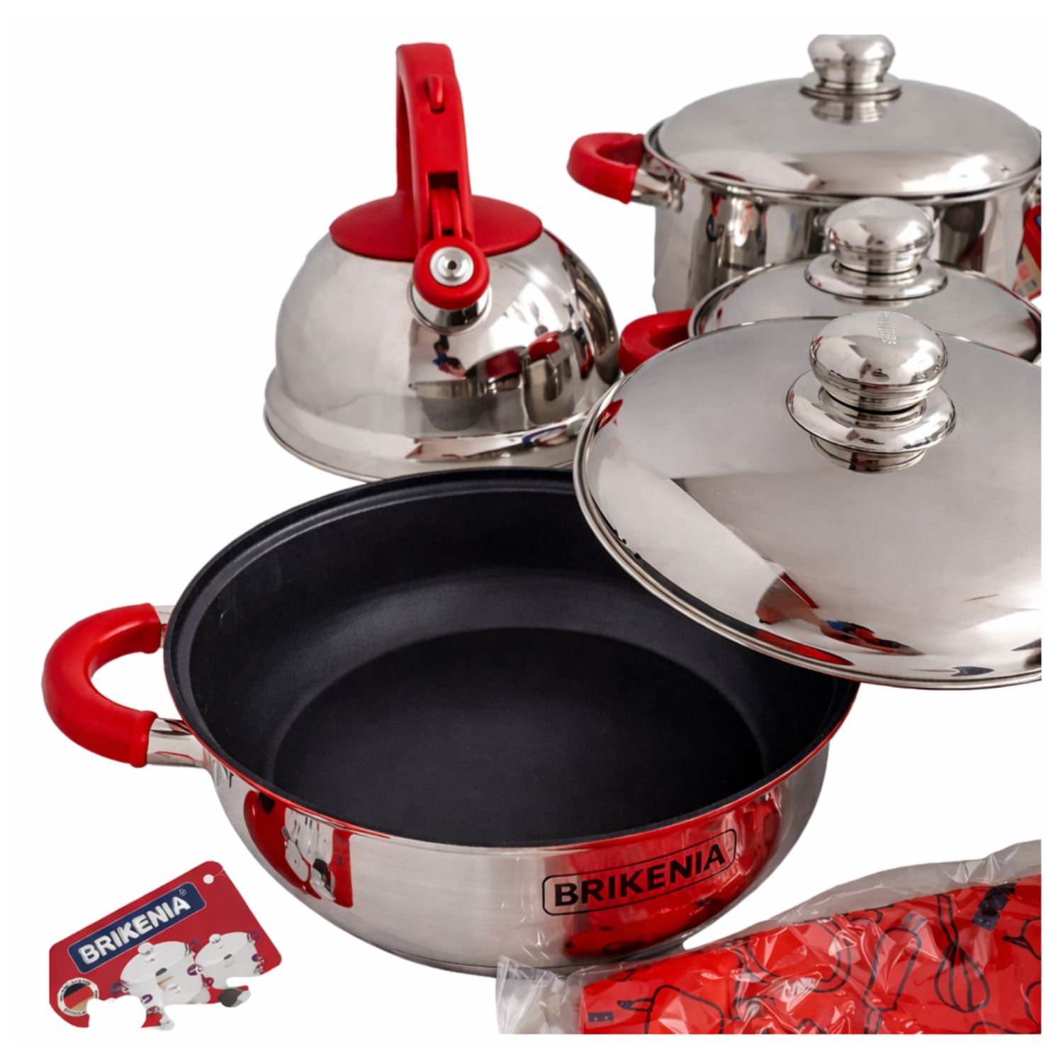 JUEGO DE OLLAS BRIKENIA 13 PIEZAS EN ACERO QUIRÚRGICO CON TETERA SILBADORA COLOR ROJO - 4