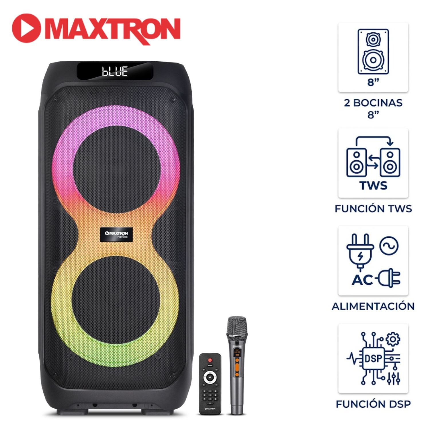 TORRE DE SONIDO MAXTRON MX 807 FURORE 02 BOCINAS 8 PULGADAS 01 MICRO FUNCIÓN DSP - 1