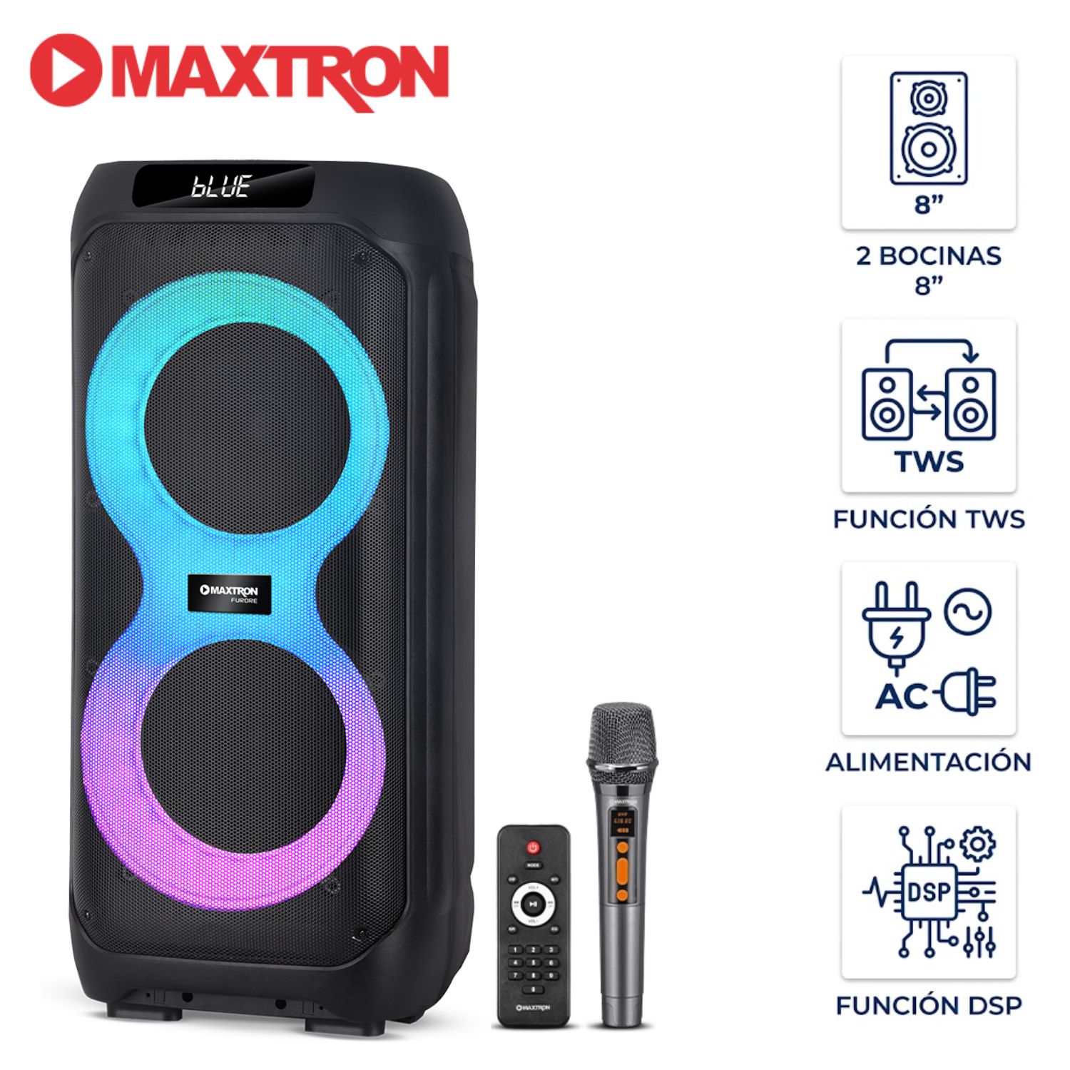TORRE DE SONIDO MAXTRON FURORE MX 807 BOCINAS DE 8” TWS BT USB ILUMINACIÓN LED RGB - 1