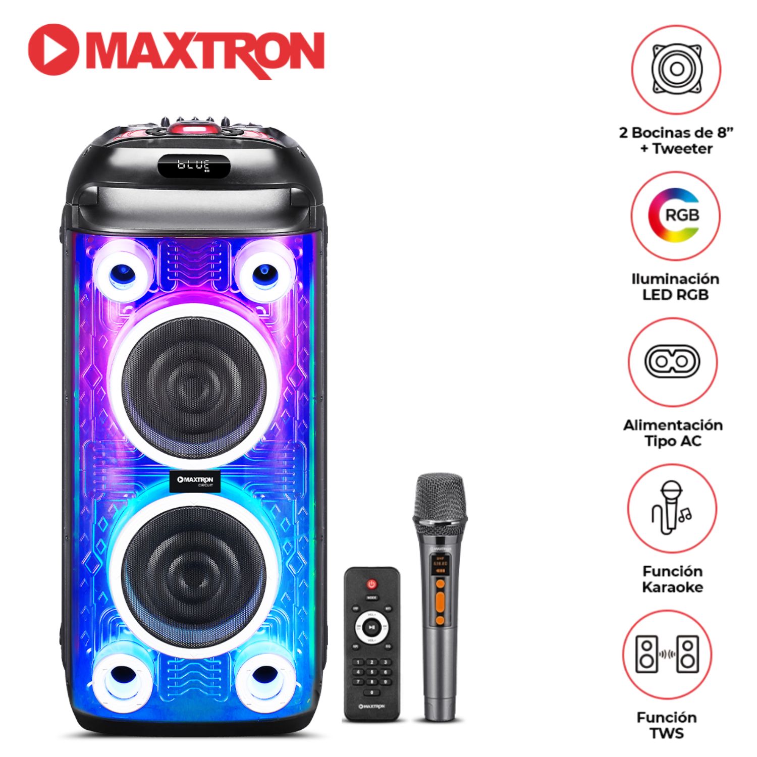TORRE DE SONIDO MAXTRON CIRCUIT MX 806 BOCINAS DE 8” TWS BT USB ILUMINACIÓN LED RGB - 1