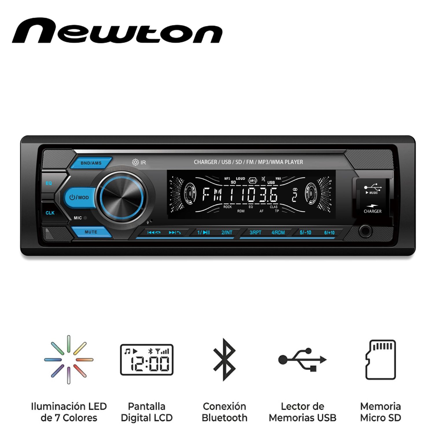 AUTORADIO NEWTON ALPINE NWT 503 CON MÁSCARA EXTRAÍBLE LUCES LED DE 7 COLORES - 1