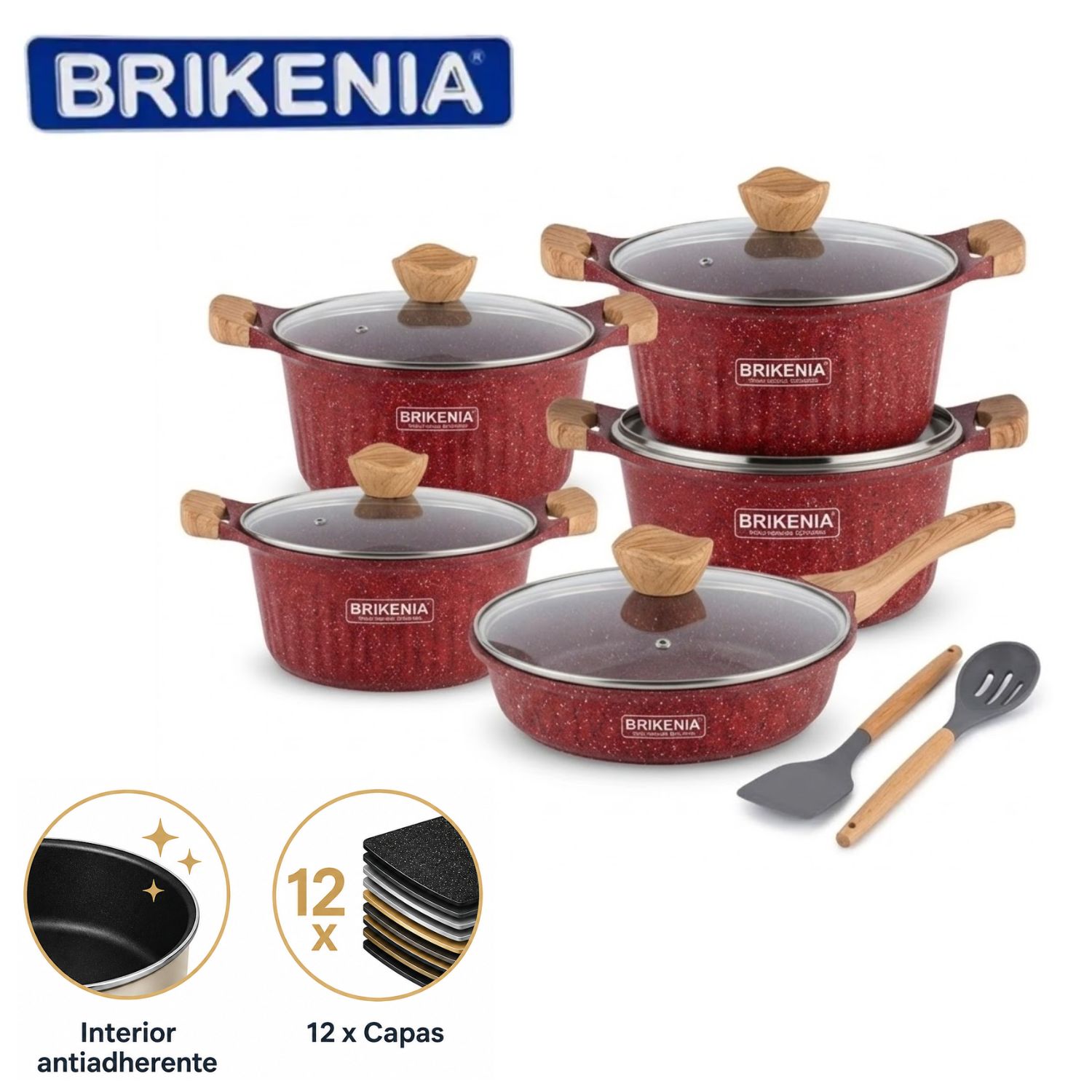JUEGO DE OLLAS BRIKENIA 10 PIEZAS TAPAS DE VIDRIO TEMPLADO COLOR ALEATORIO - 1