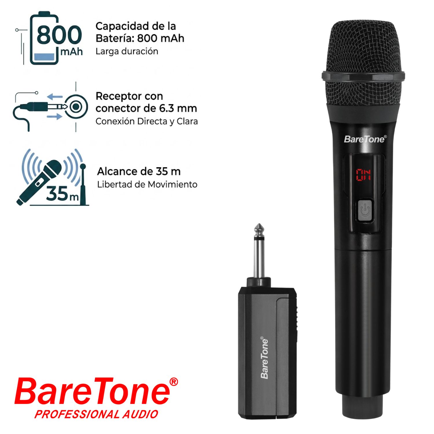 MICRÓFONO INALÁMBRICO BARETONE WM2401 ALCANCE 35 M PLUG JACK 6.3 MM - 1