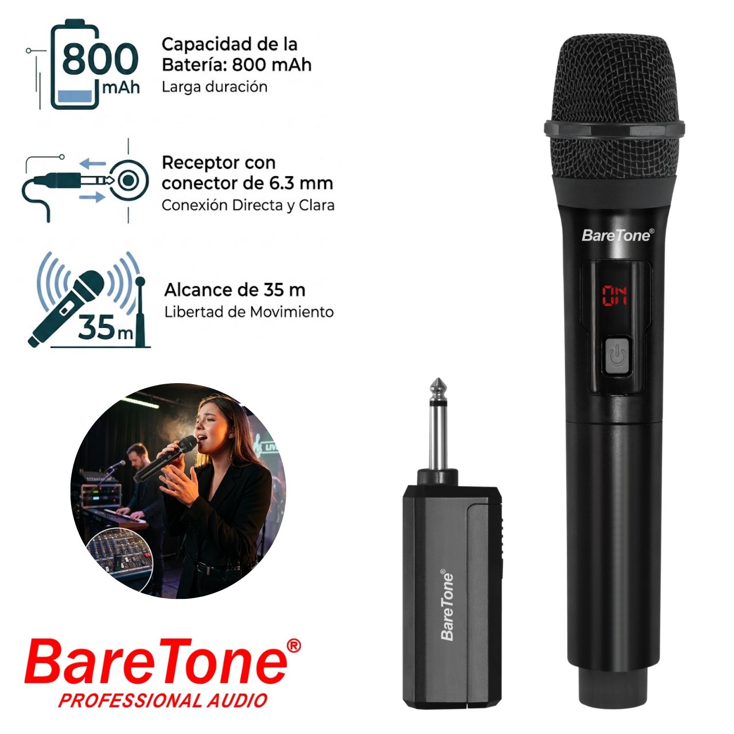MICRÓFONO INALÁMBRICO BARETONE WM2401 ALCANCE 35 M BATERÍA 800 MAH - 1