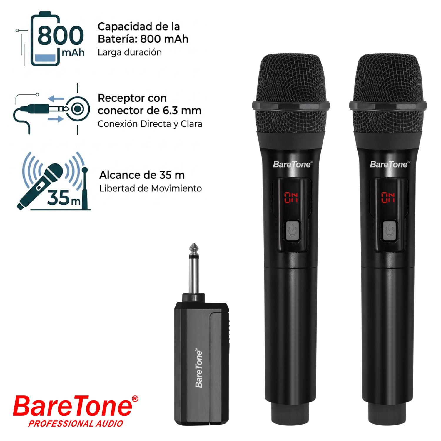 PACK DE 02 MICRÓFONO INALÁMBRICO BARETONE WM2402 ALCANCE 35 METROS PLUG JACK 6.3 MM - 1