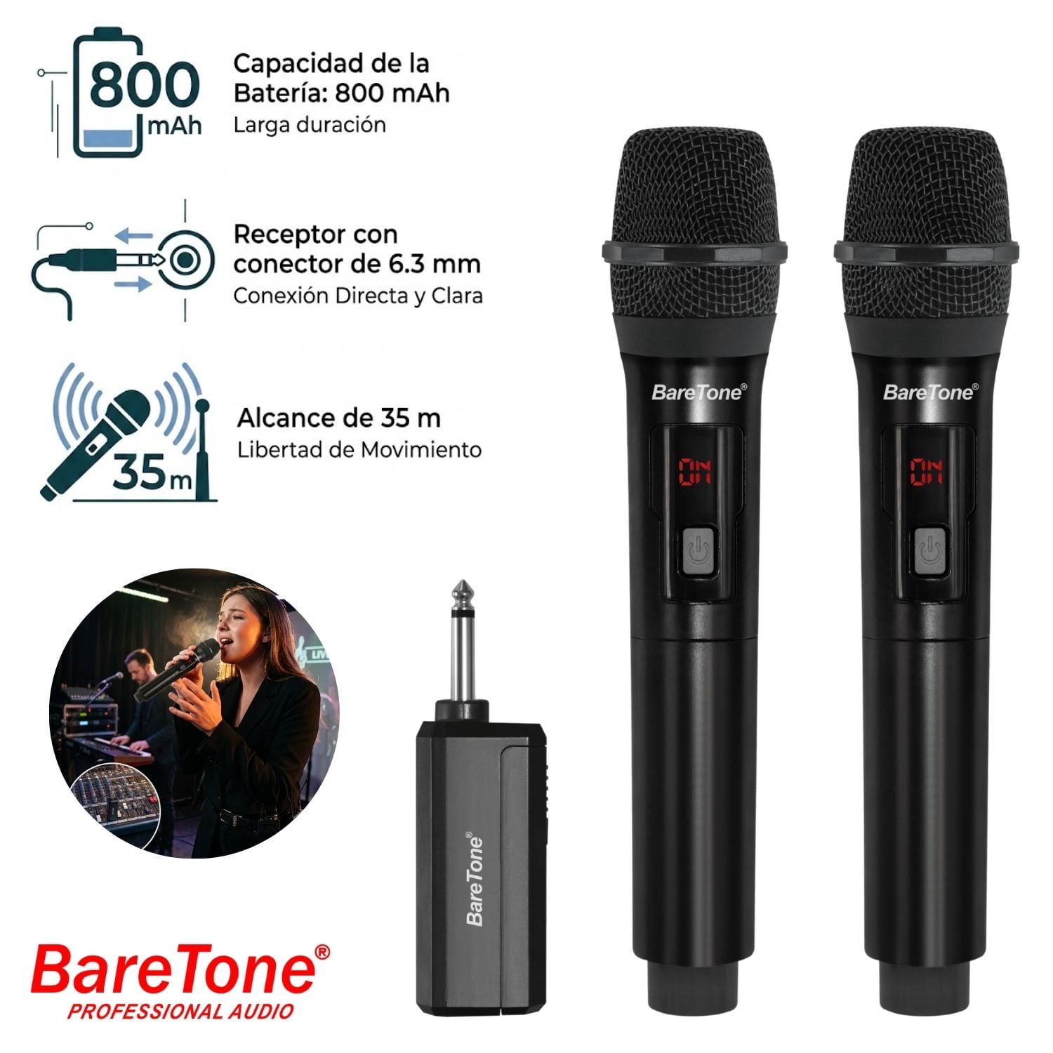 PACK DE 2 MICRÓFONOS INALÁMBRICOS BARETONE WM2402 35 M JACK 6.3 MM - 1
